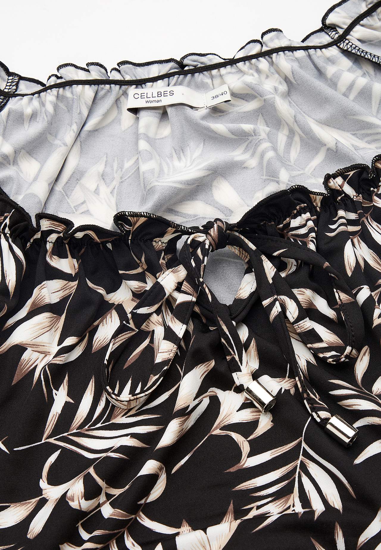 Long, patterned off-shoulder dress
