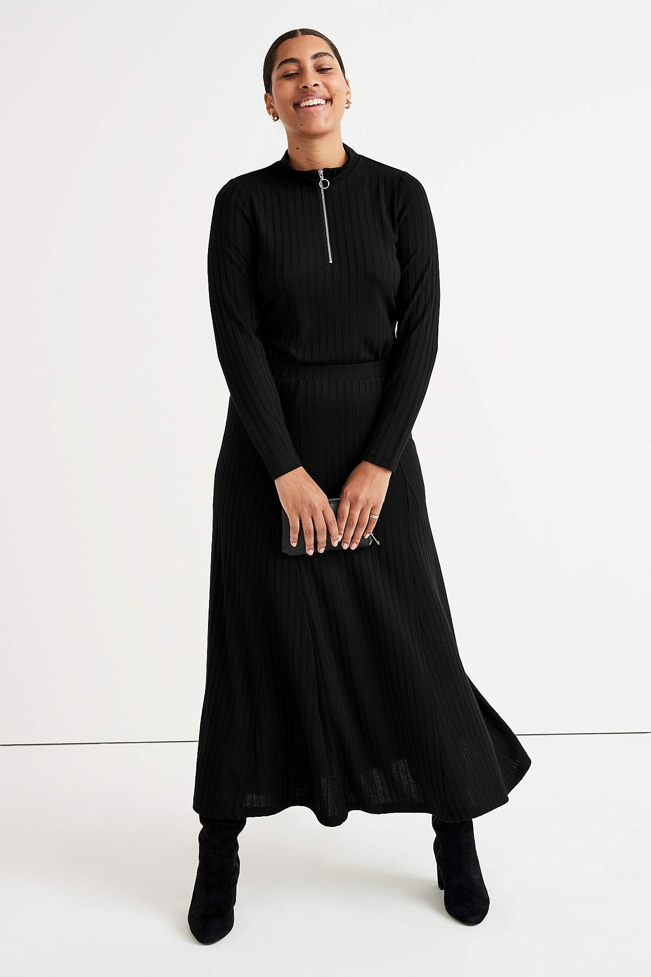 Ribbed tunic top with zip and stand collar