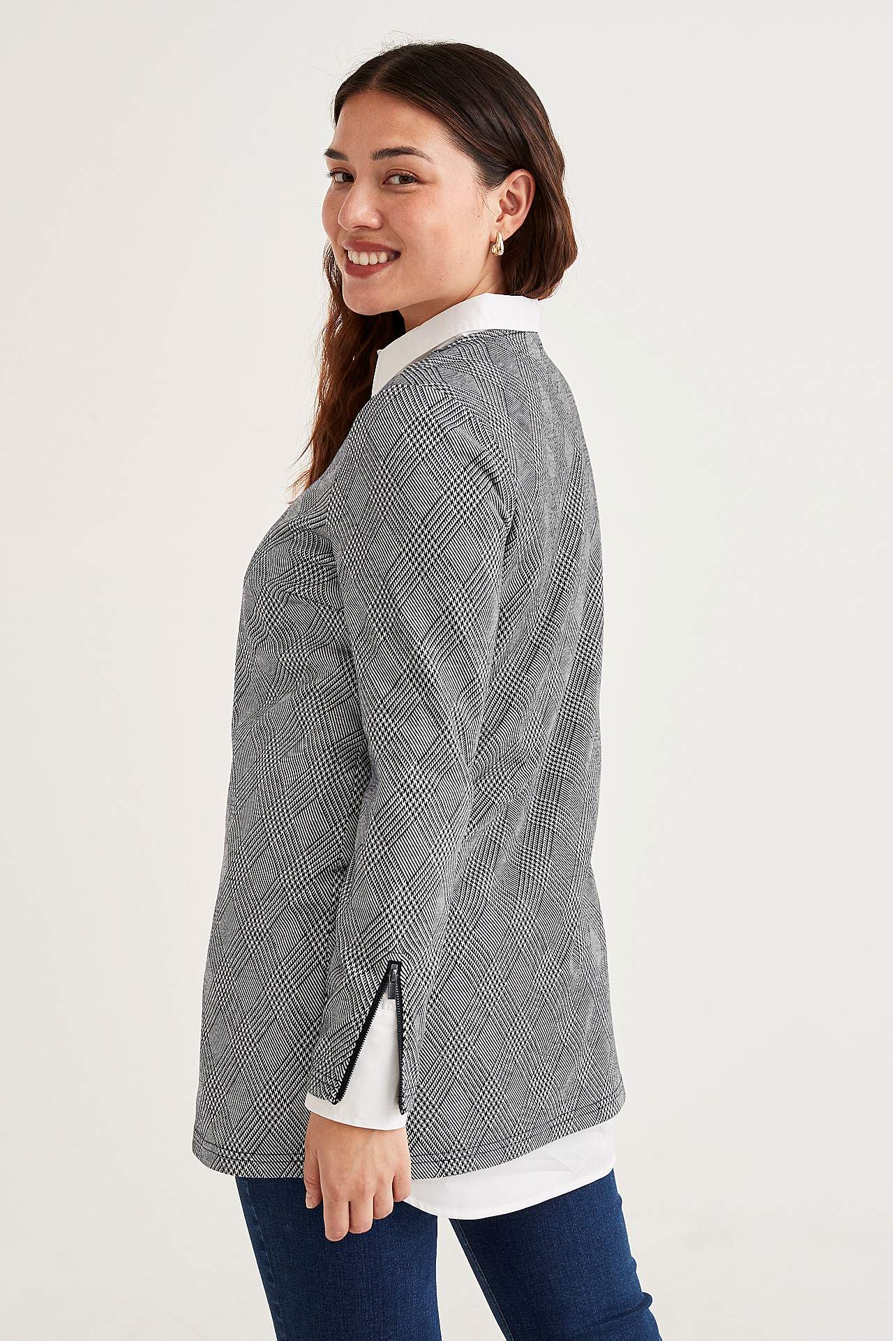 Checked tunic top in jacquard patterned jersey