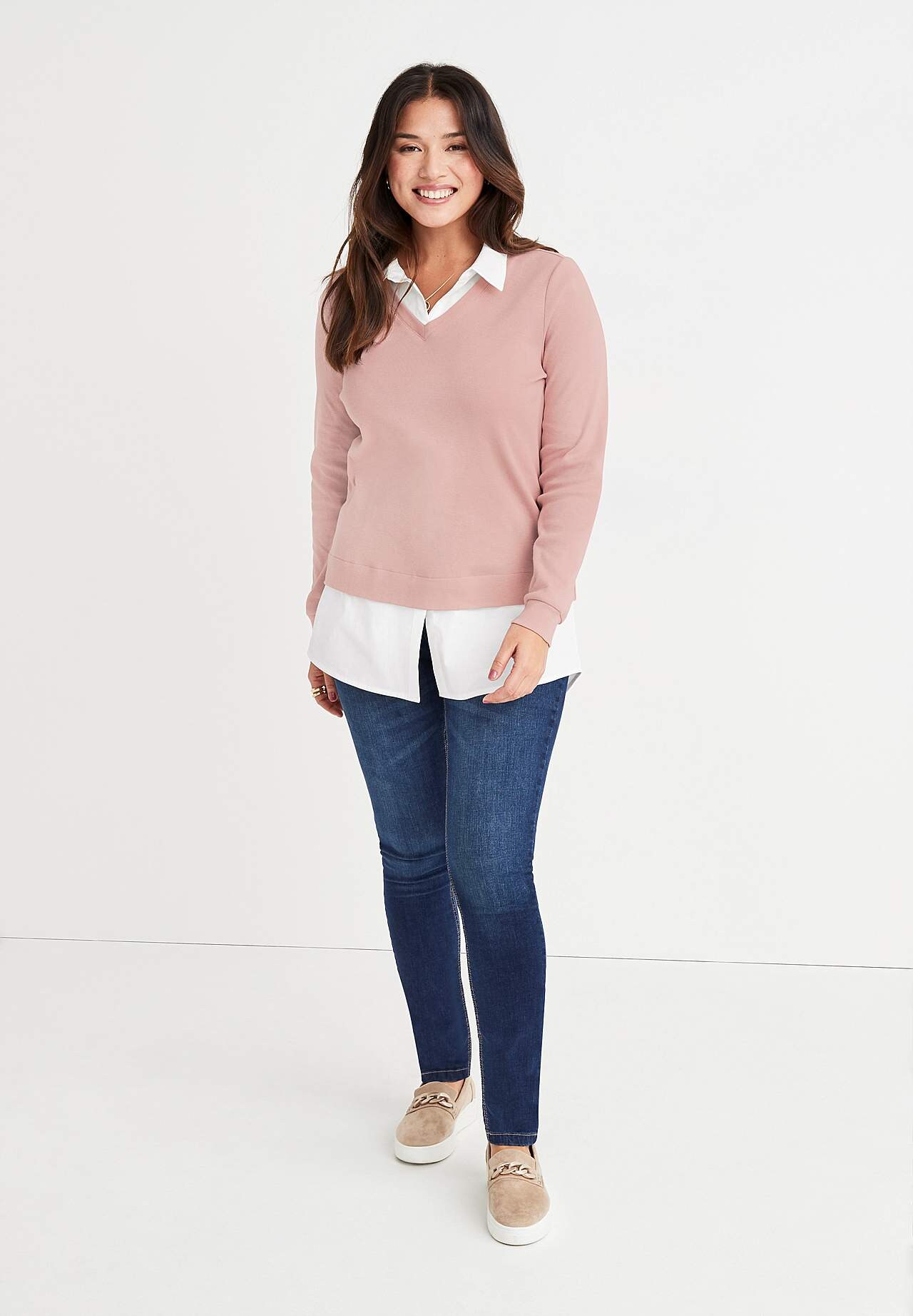 Jersey top with sewn shirt collar