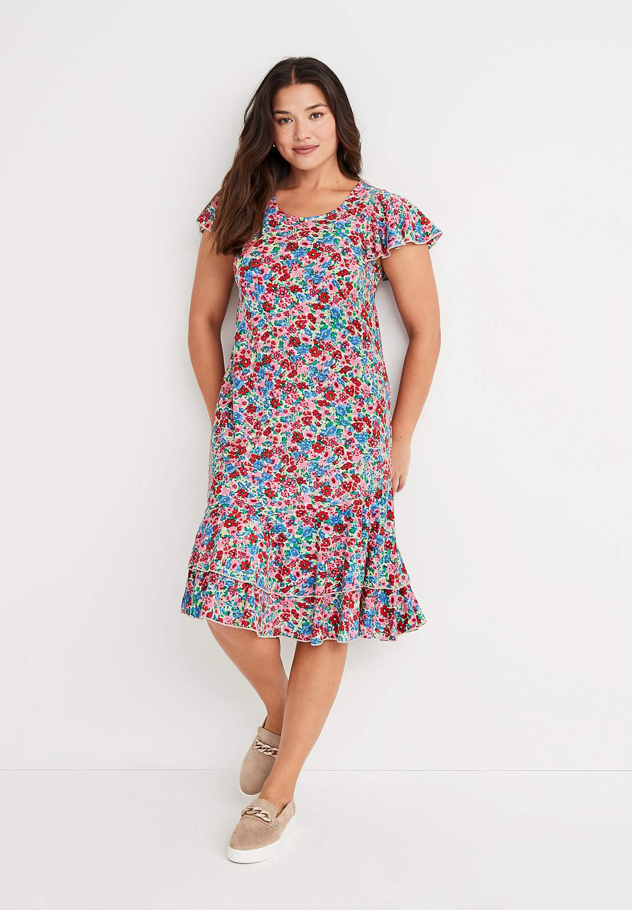 Patterned jersey dress with frills
