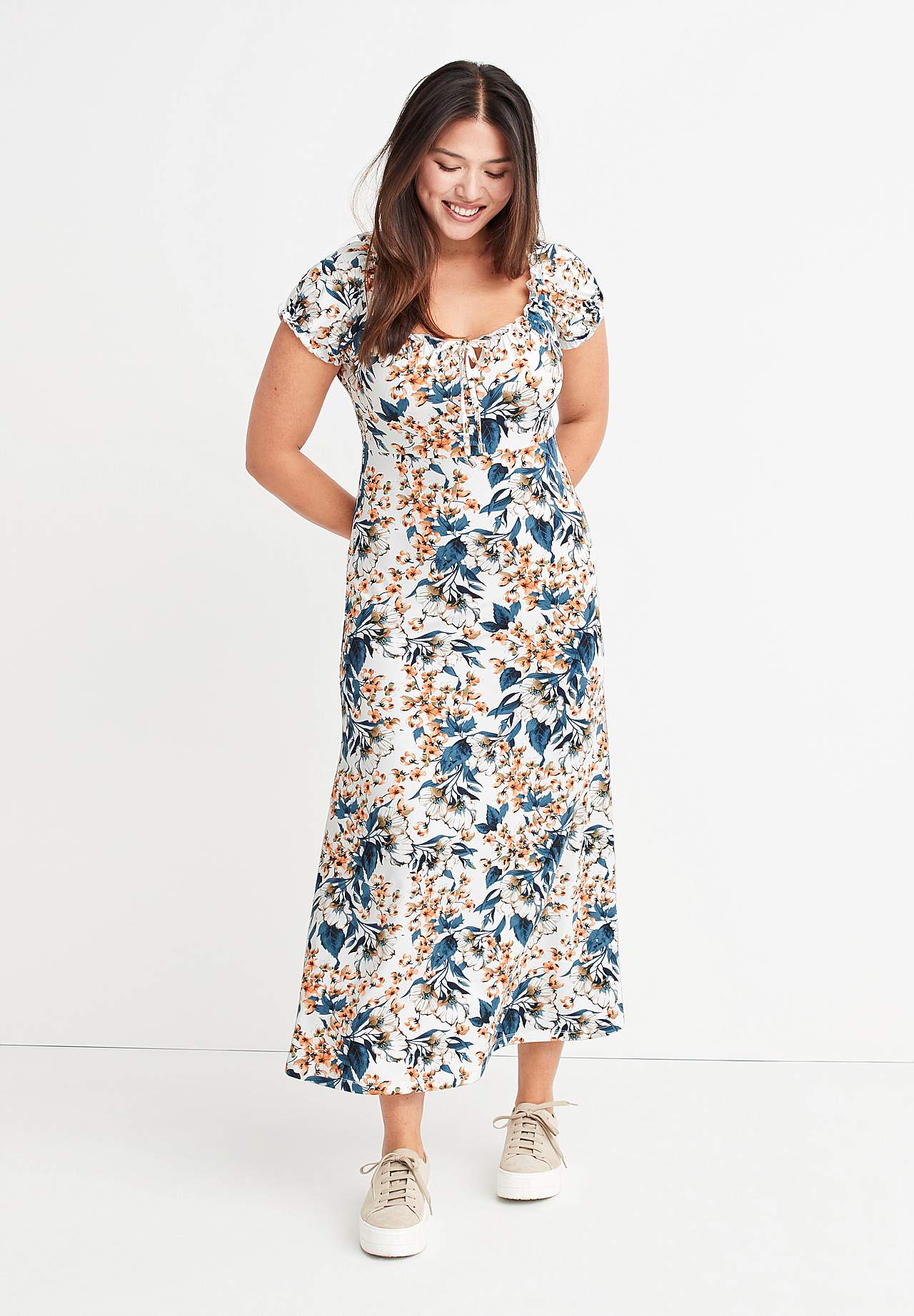 Long, patterned off-shoulder dress