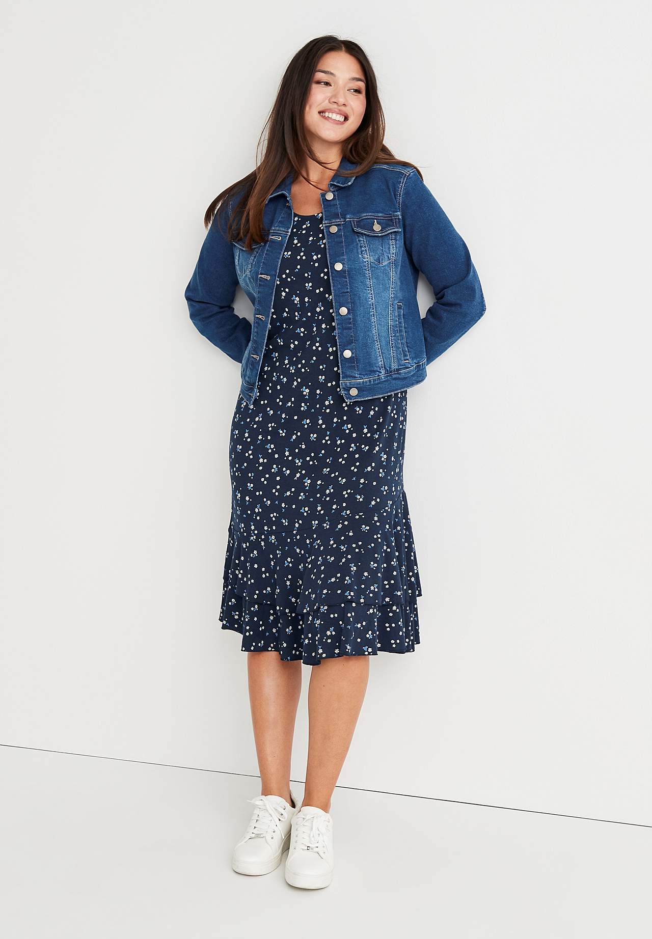 Patterned jersey dress with frills