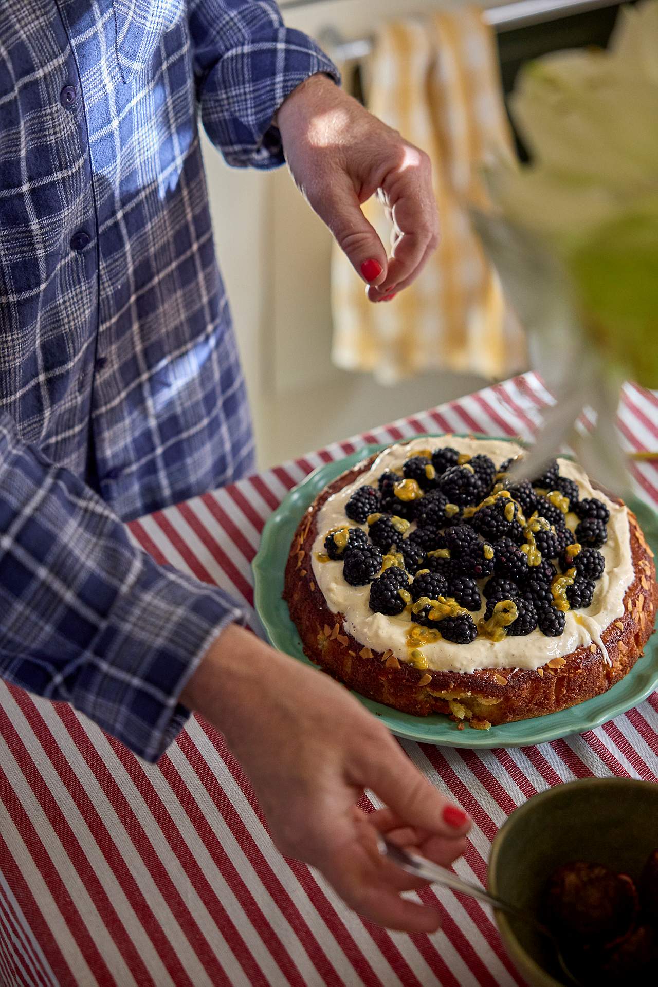 Woven, striped tablecloth