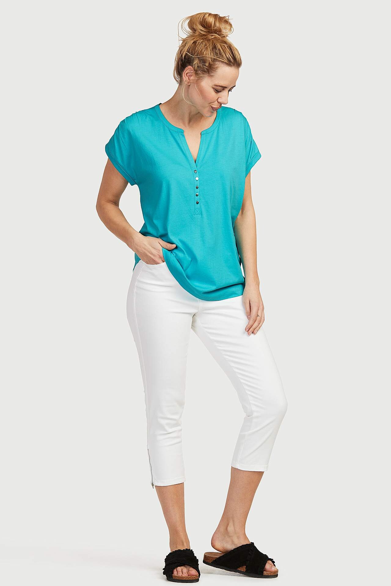 Jersey top with metallic buttons