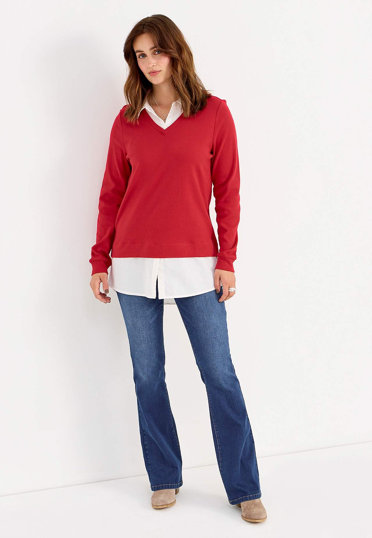 Jersey top with sewn shirt collar