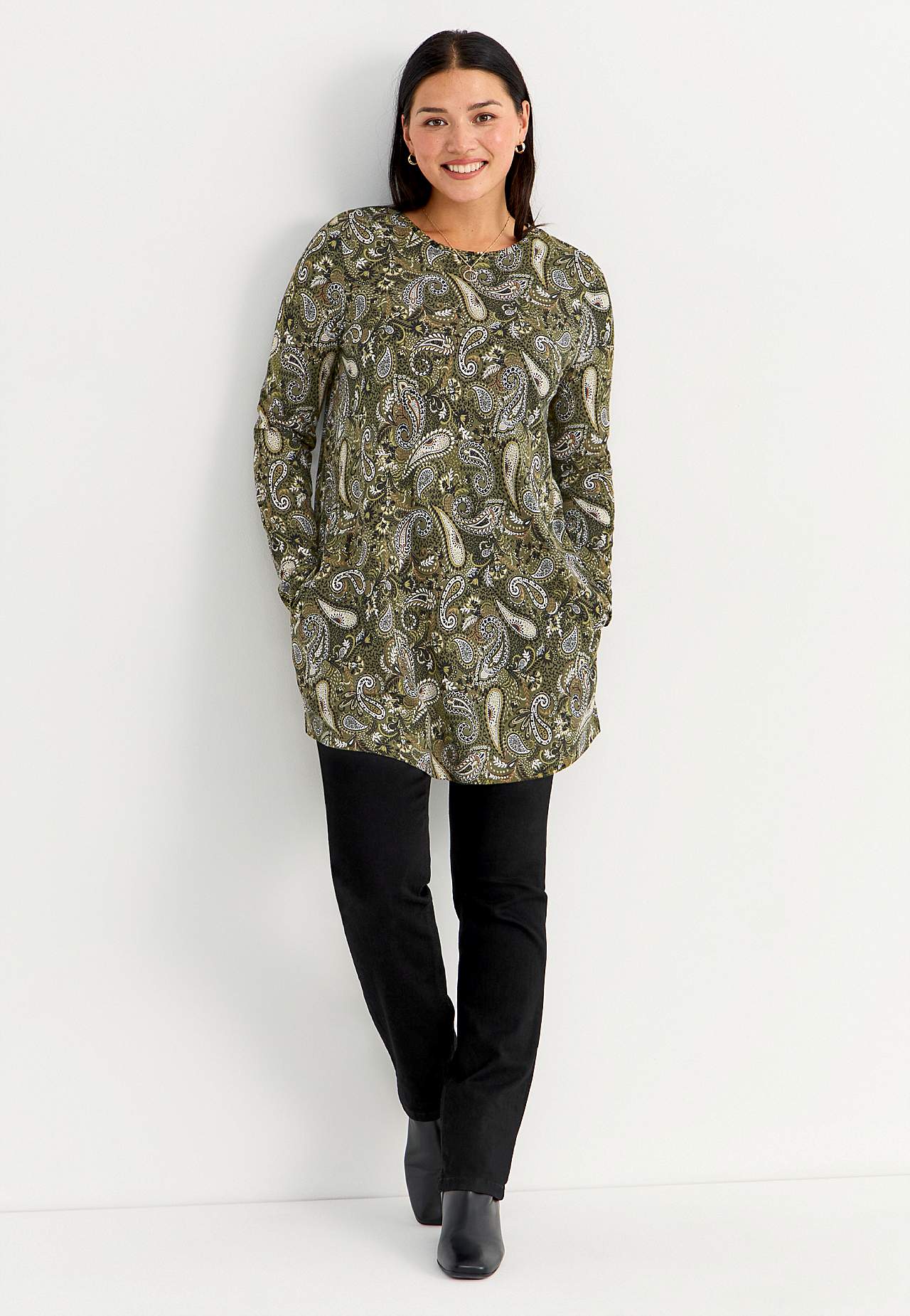 Patterned jersey tuniq with long sleeves