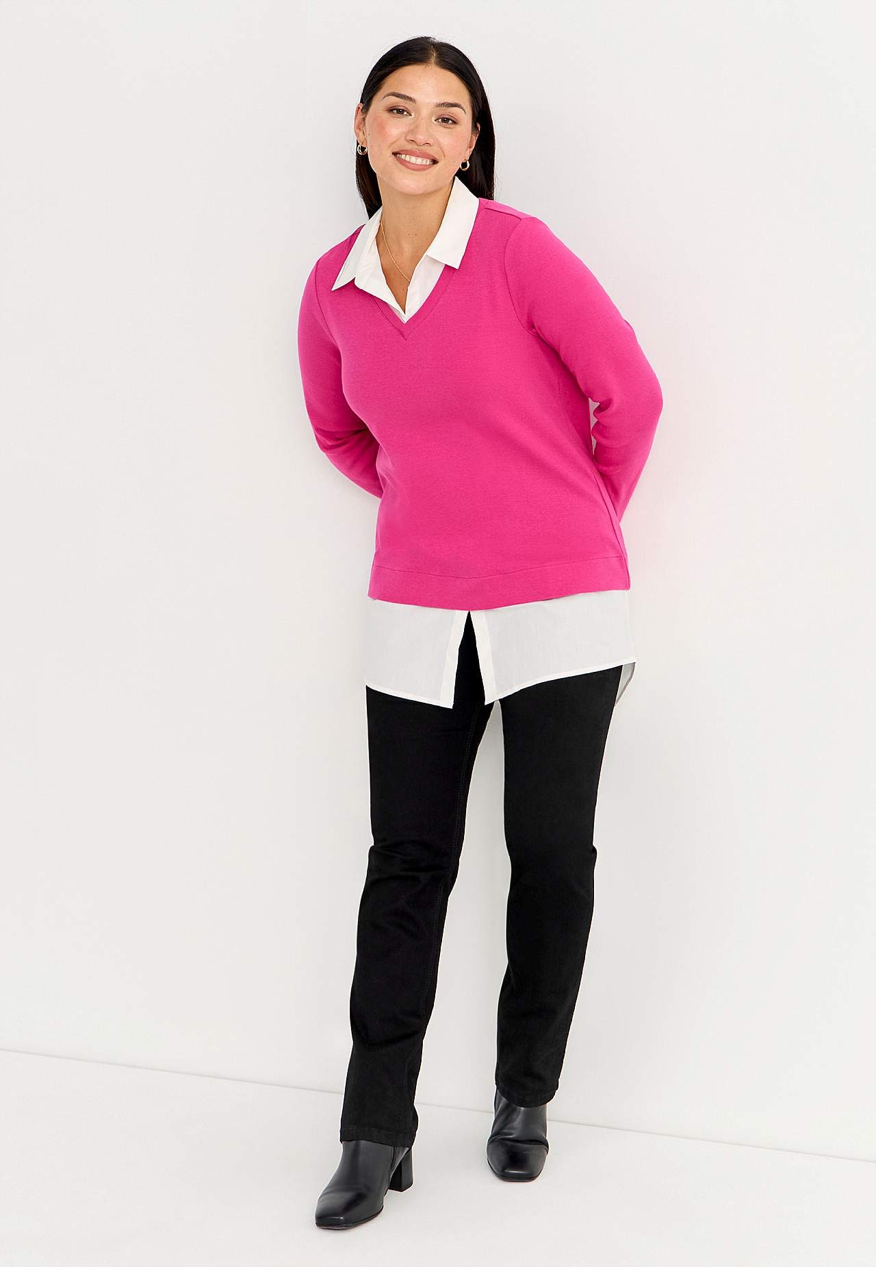 Jersey top with sewn shirt collar