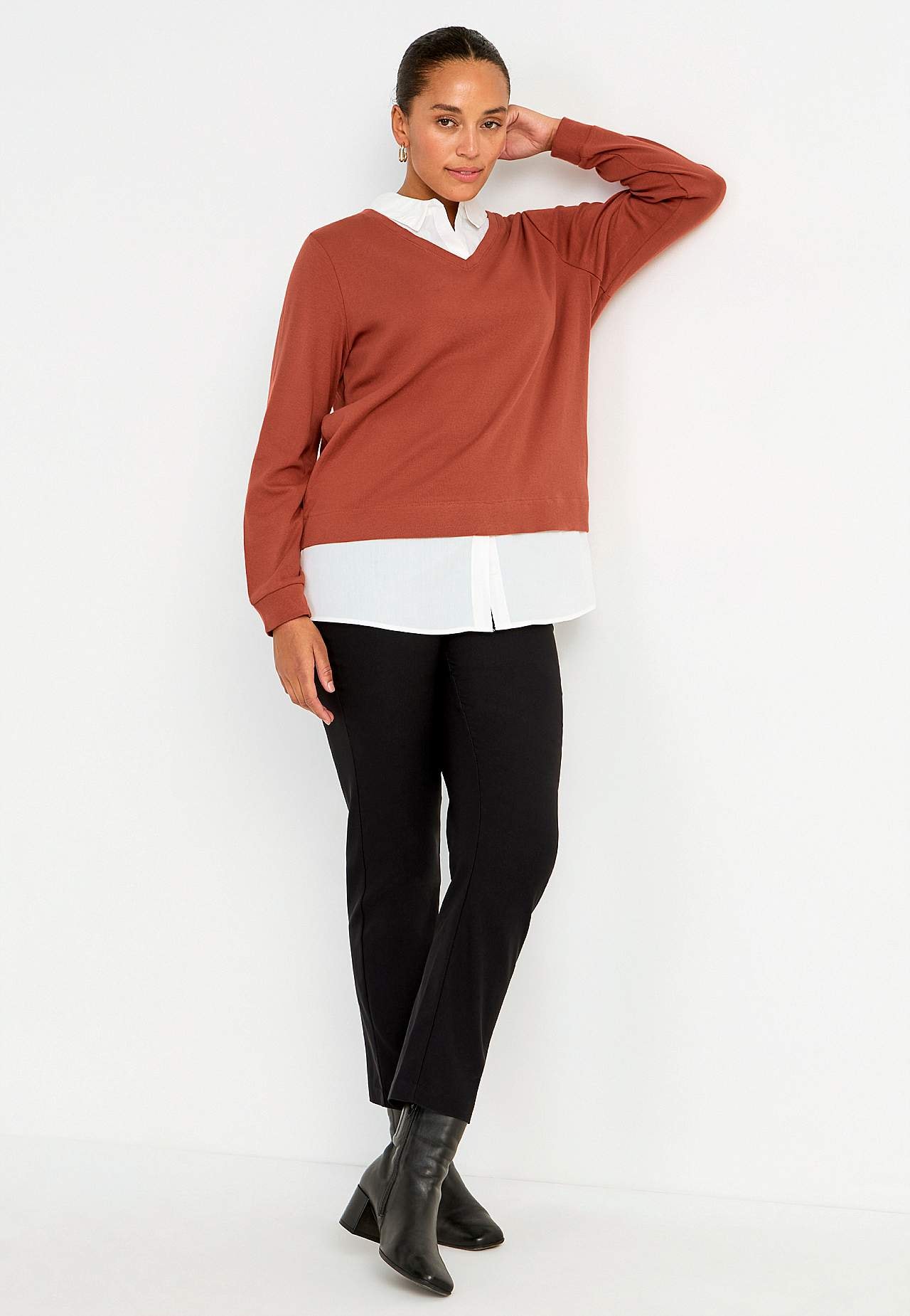 Jersey top with sewn shirt collar