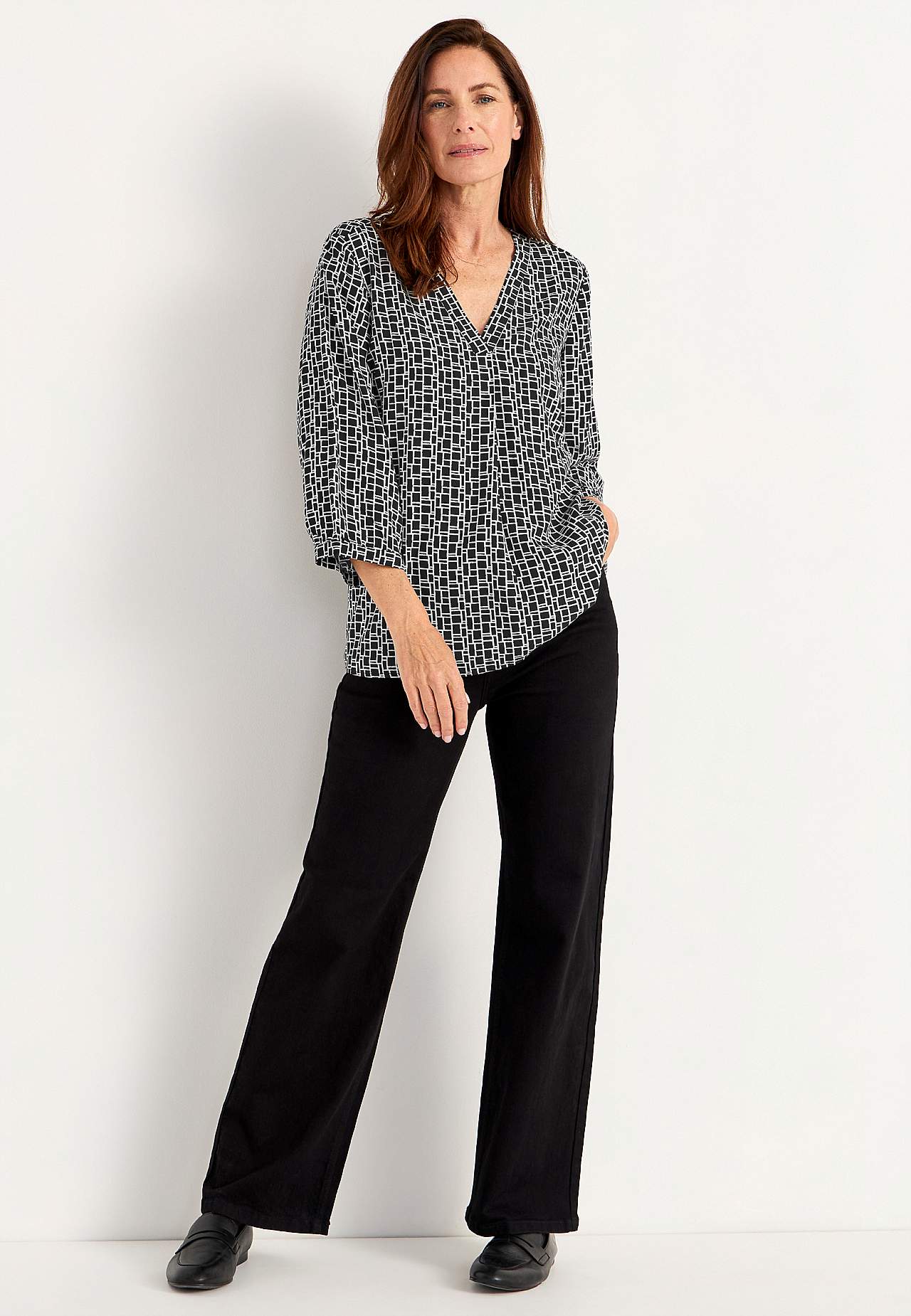 V-neck, woven blouse