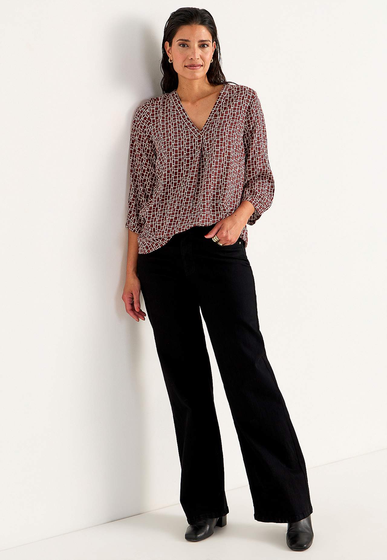 V-neck, woven blouse