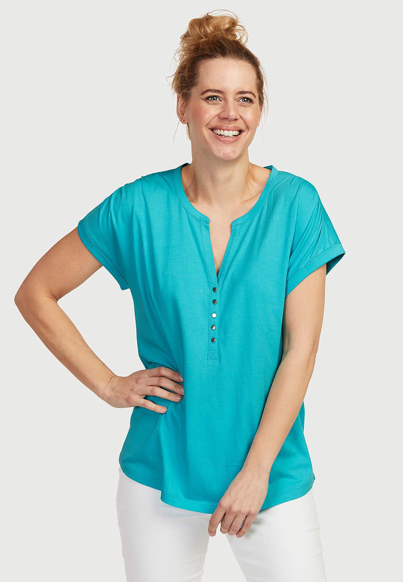 Jersey top with metallic buttons