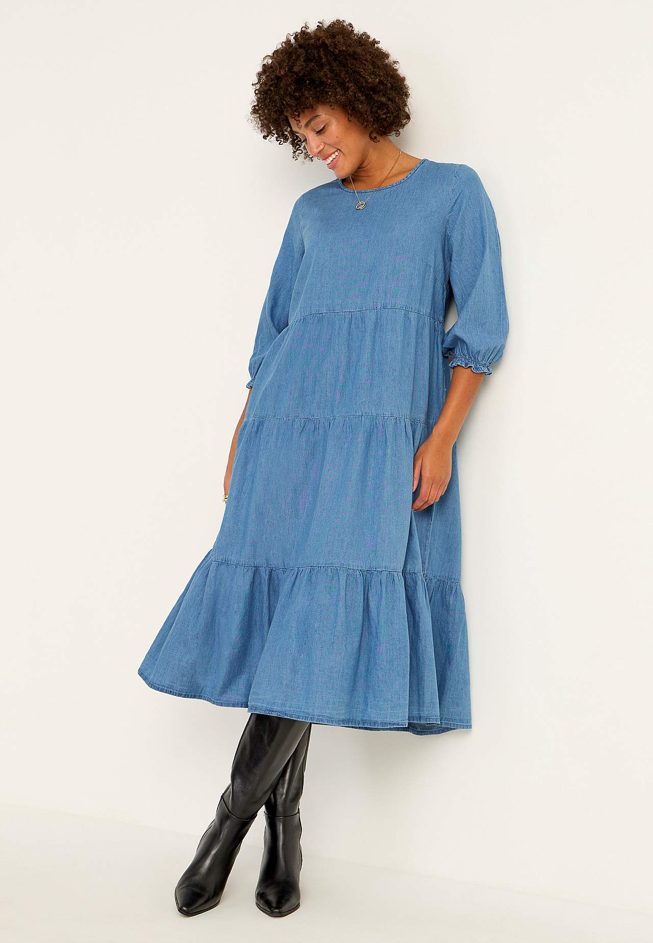 Denim dress with frills