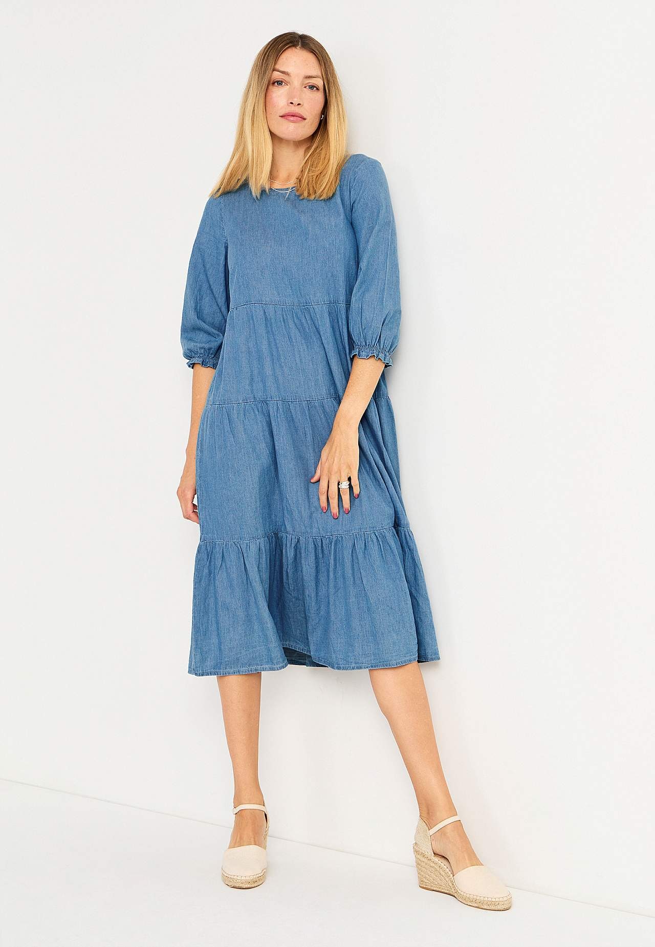 Denim dress with frills