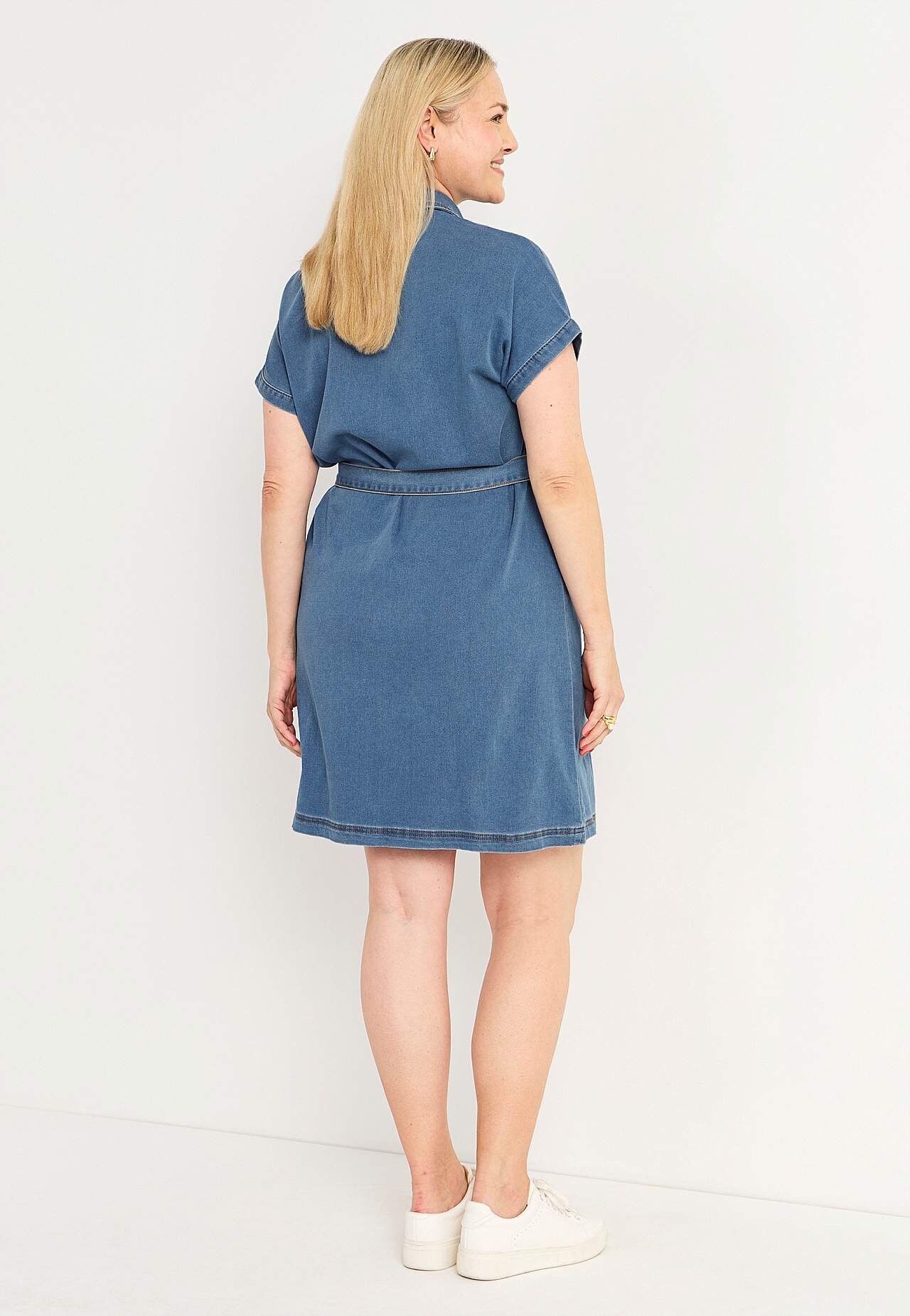 Short denim dress with tie belt