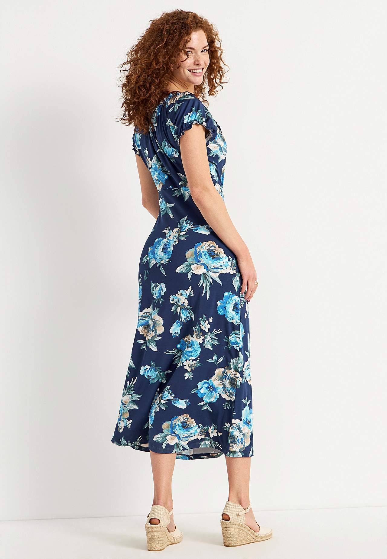 Long, patterned off-shoulder dress