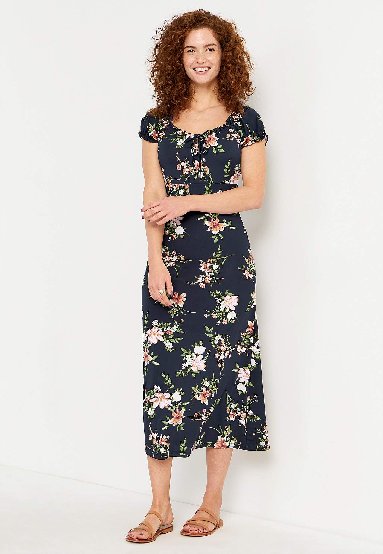 Long, patterned off-shoulder dress