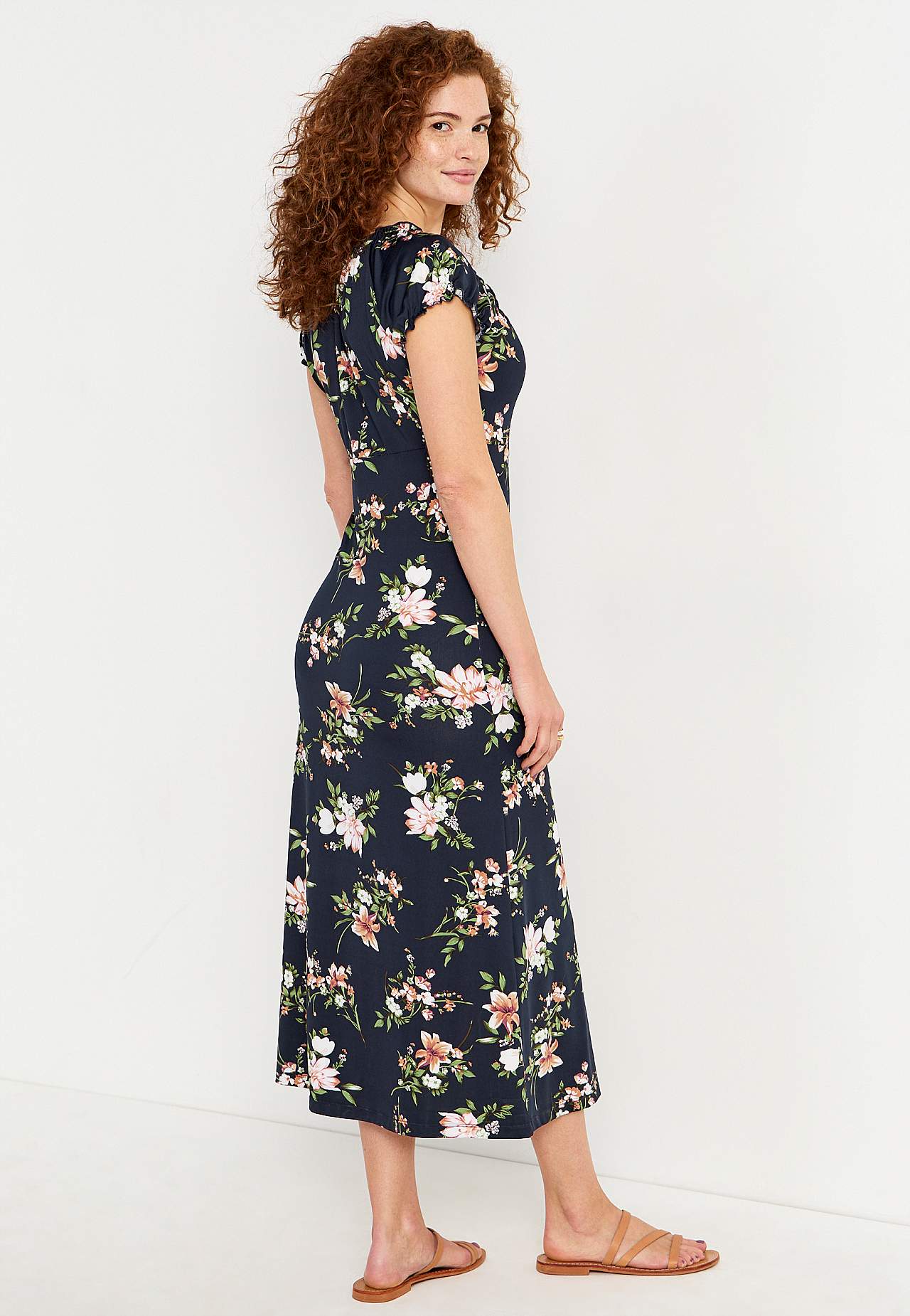 Long, patterned off-shoulder dress