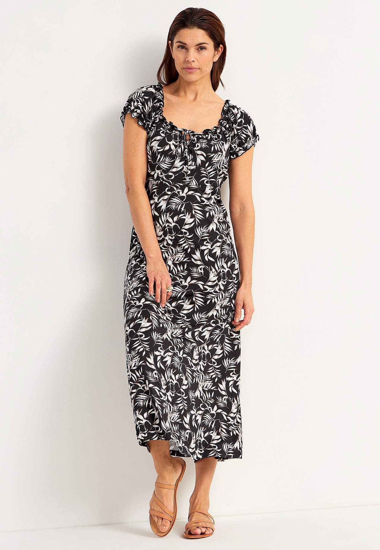 Long, patterned off-shoulder dress