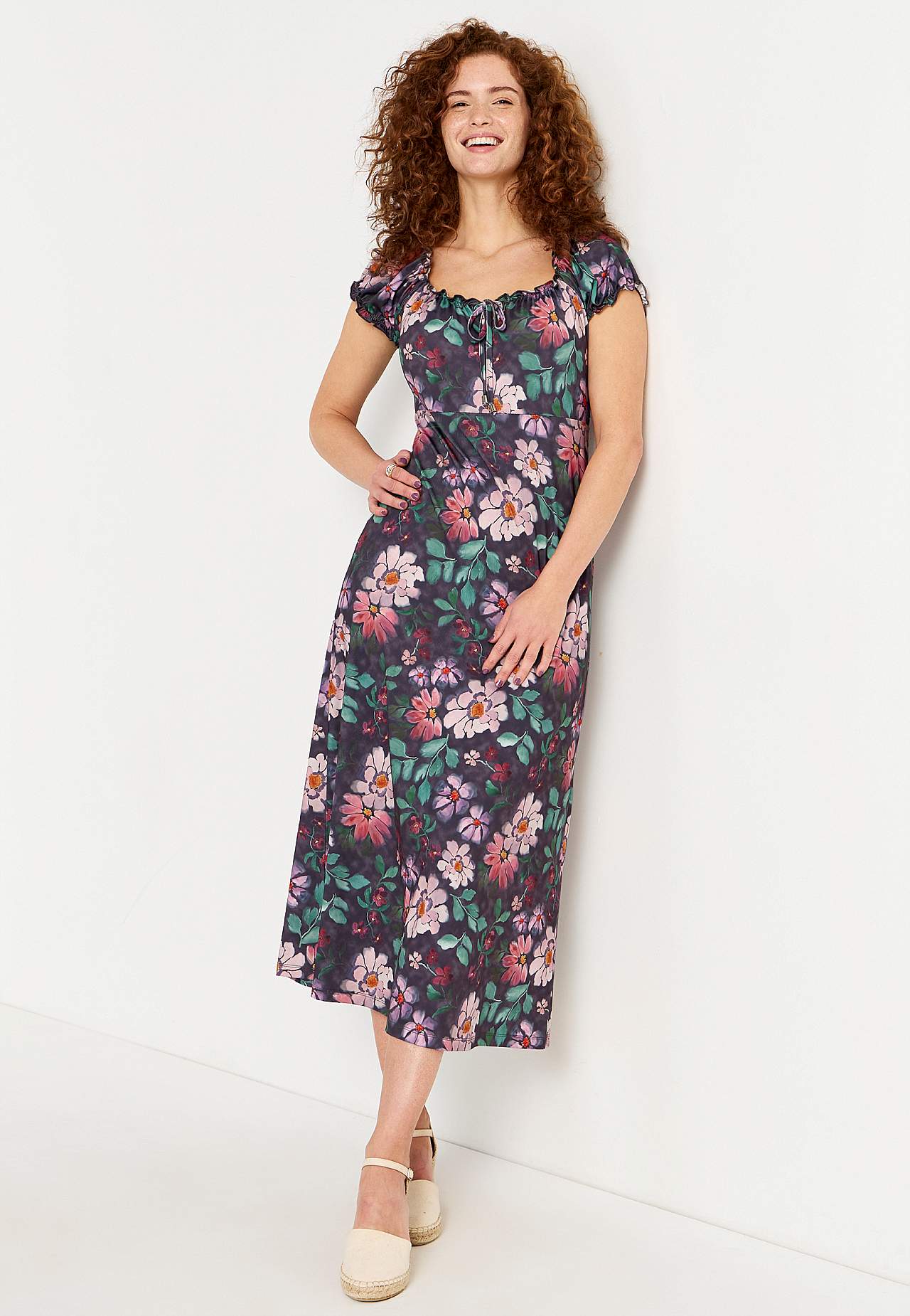 Long, patterned off-shoulder dress