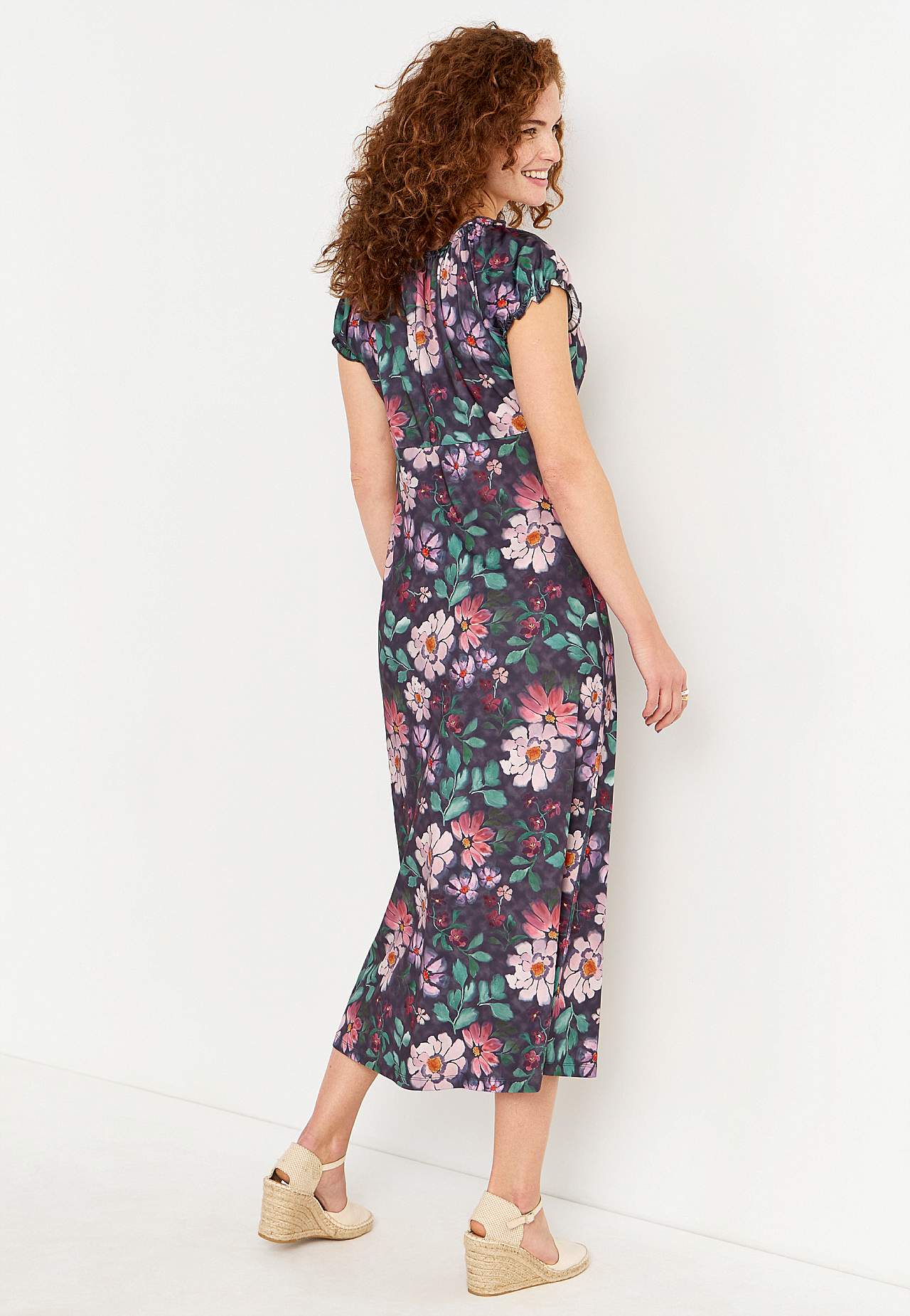 Long, patterned off-shoulder dress
