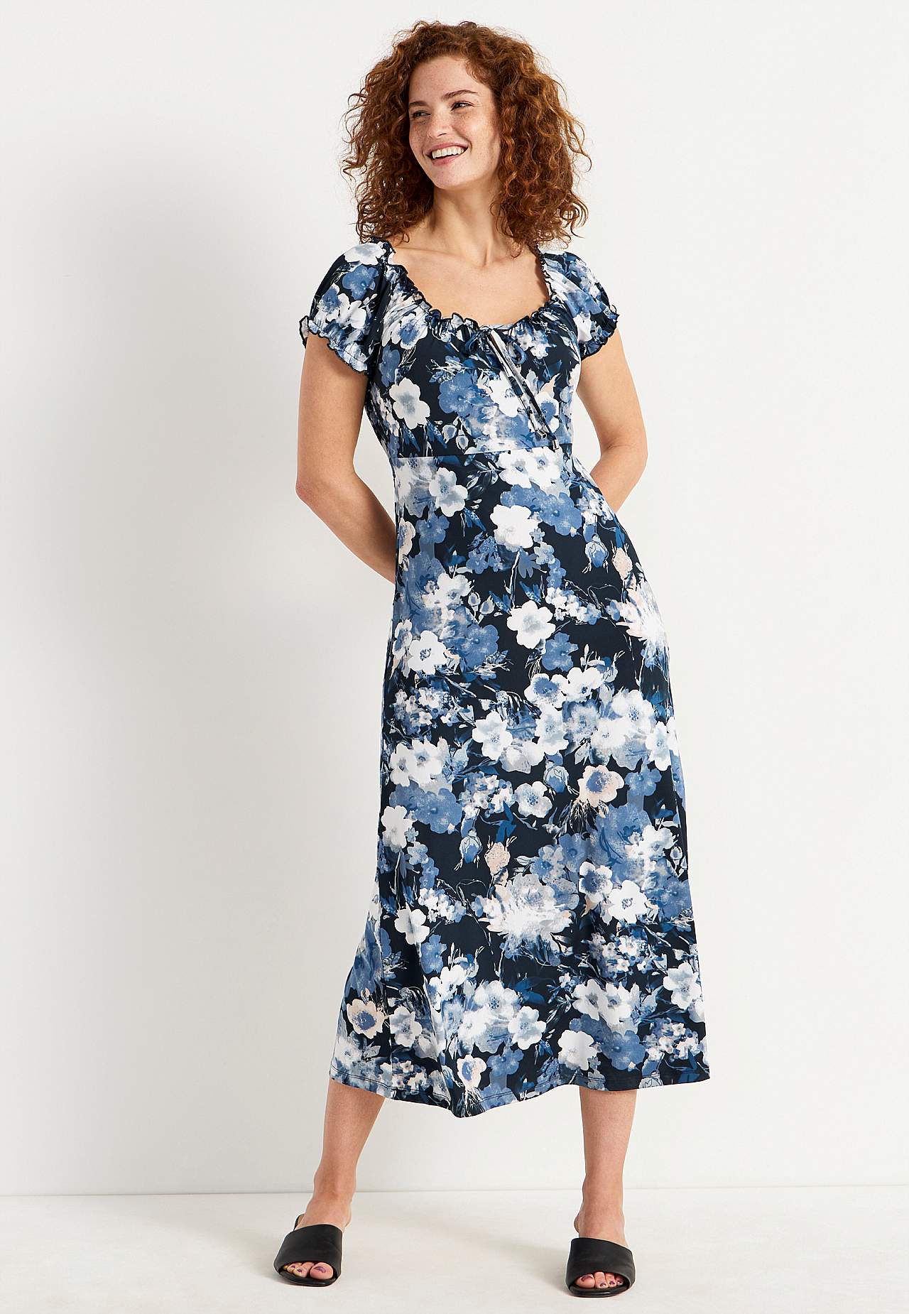 Long, patterned off-shoulder dress