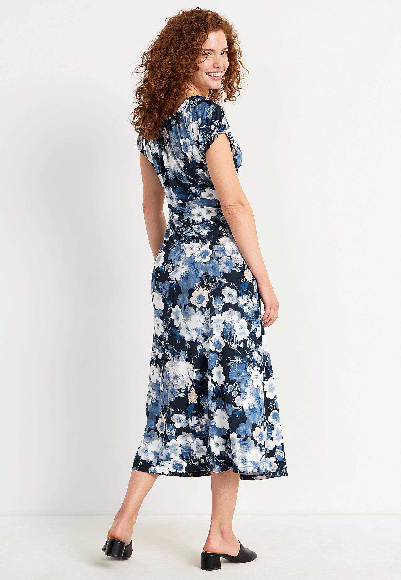 Long, patterned off-shoulder dress