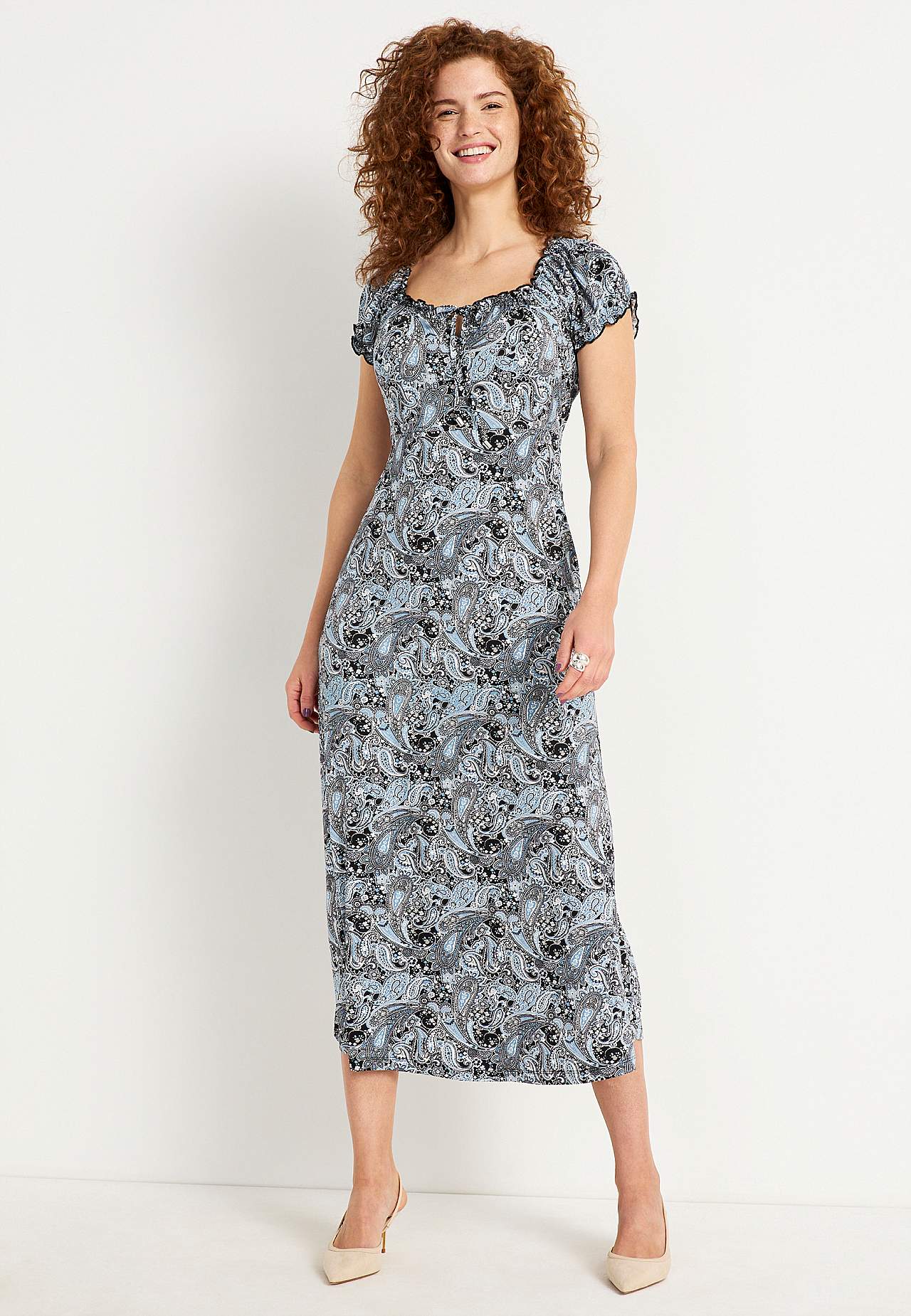 Long, patterned off-shoulder dress