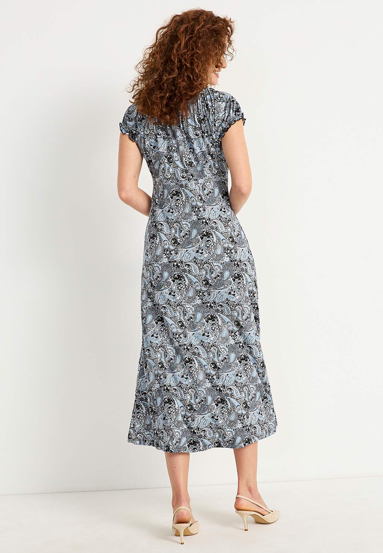 Long, patterned off-shoulder dress