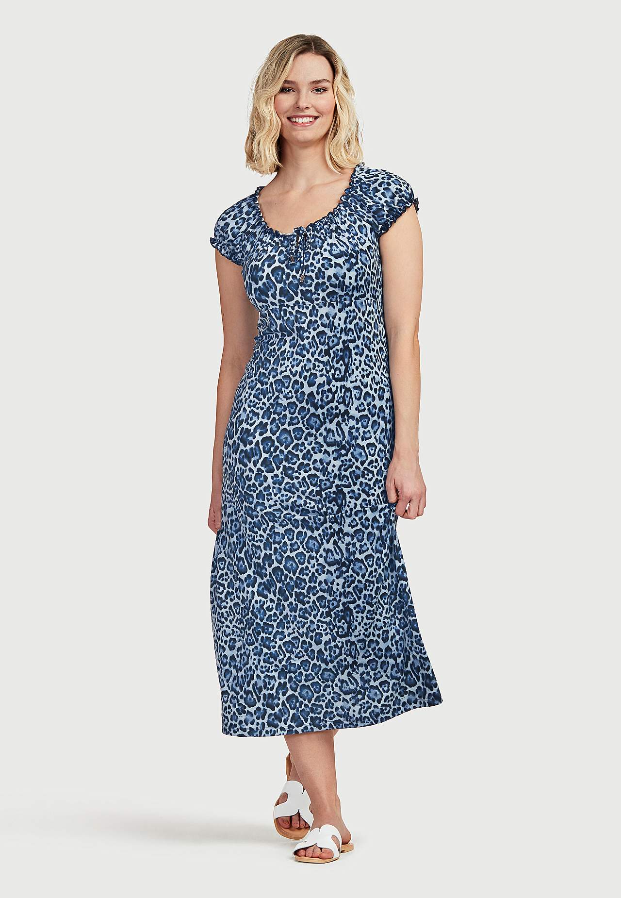 Long, patterned off-shoulder dress