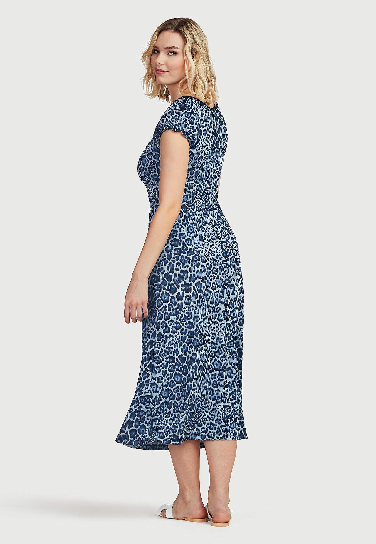 Long, patterned off-shoulder dress