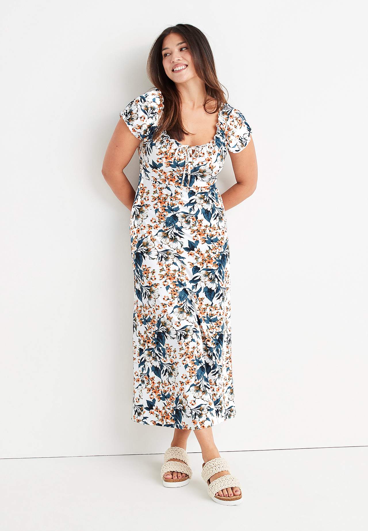 Long, patterned off-shoulder dress