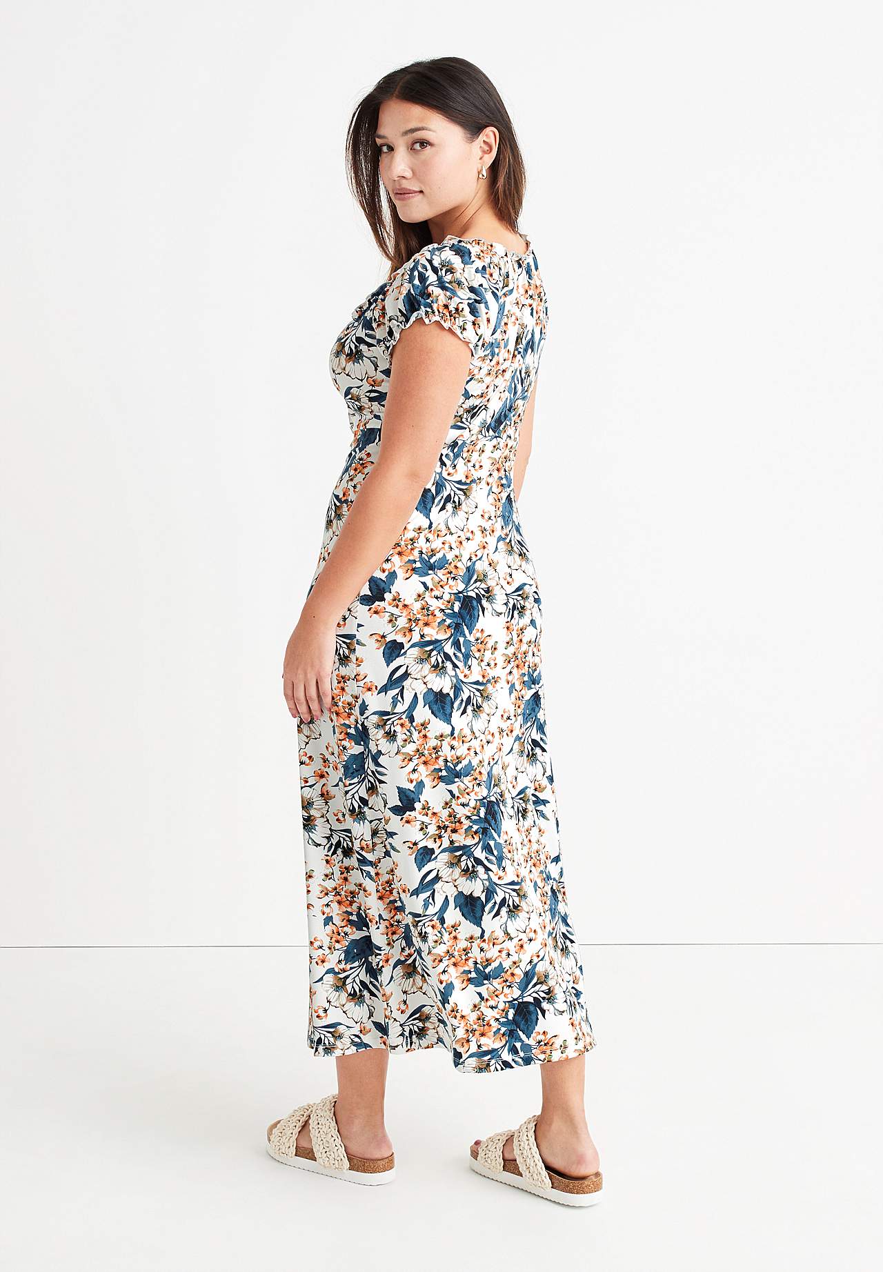 Long, patterned off-shoulder dress