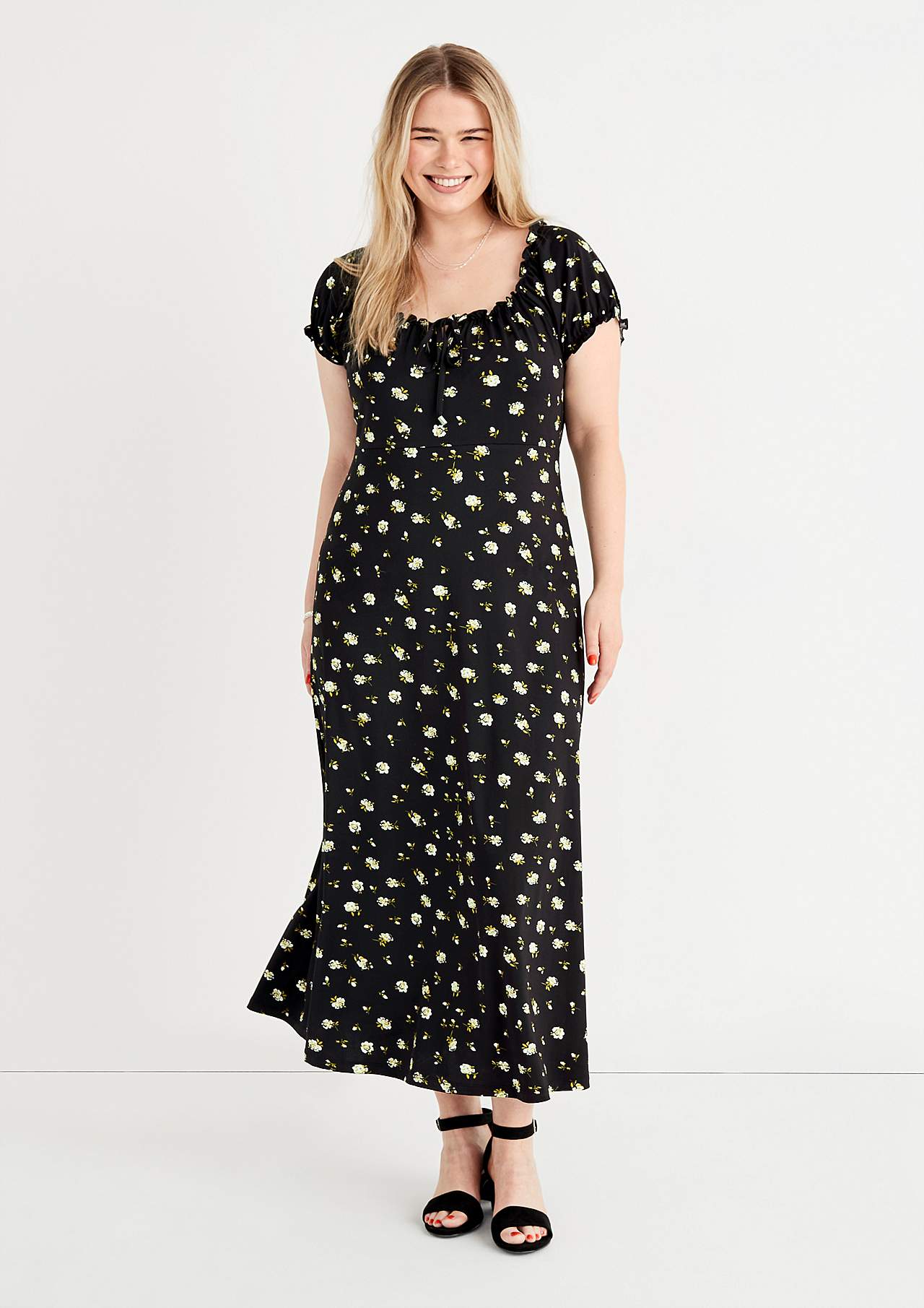 Long, patterned off-shoulder dress