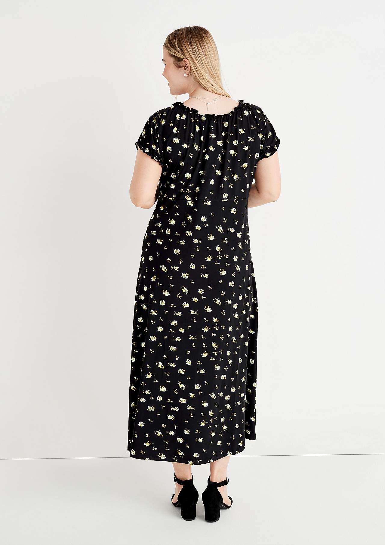 Long, patterned off-shoulder dress