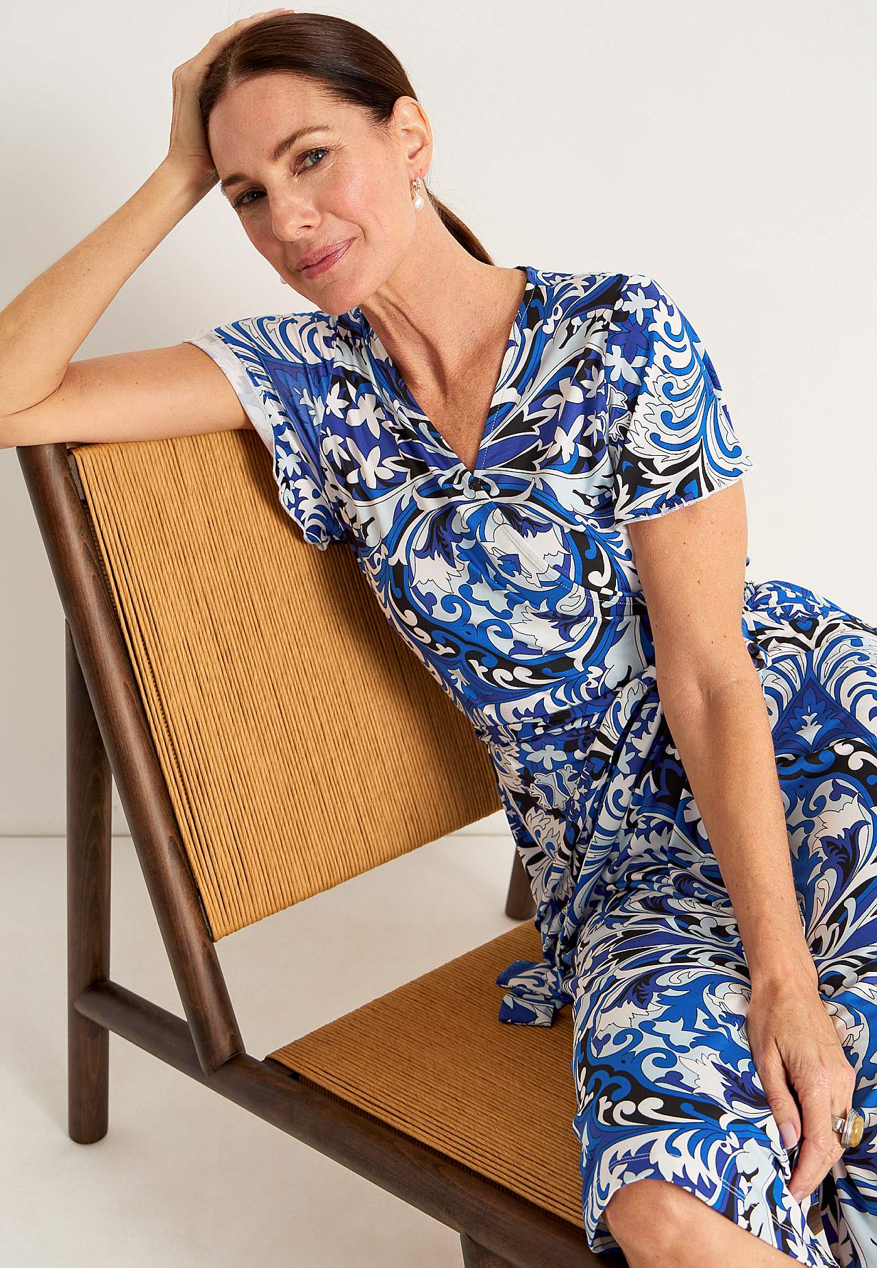 Patterned wrap front dress in jersey