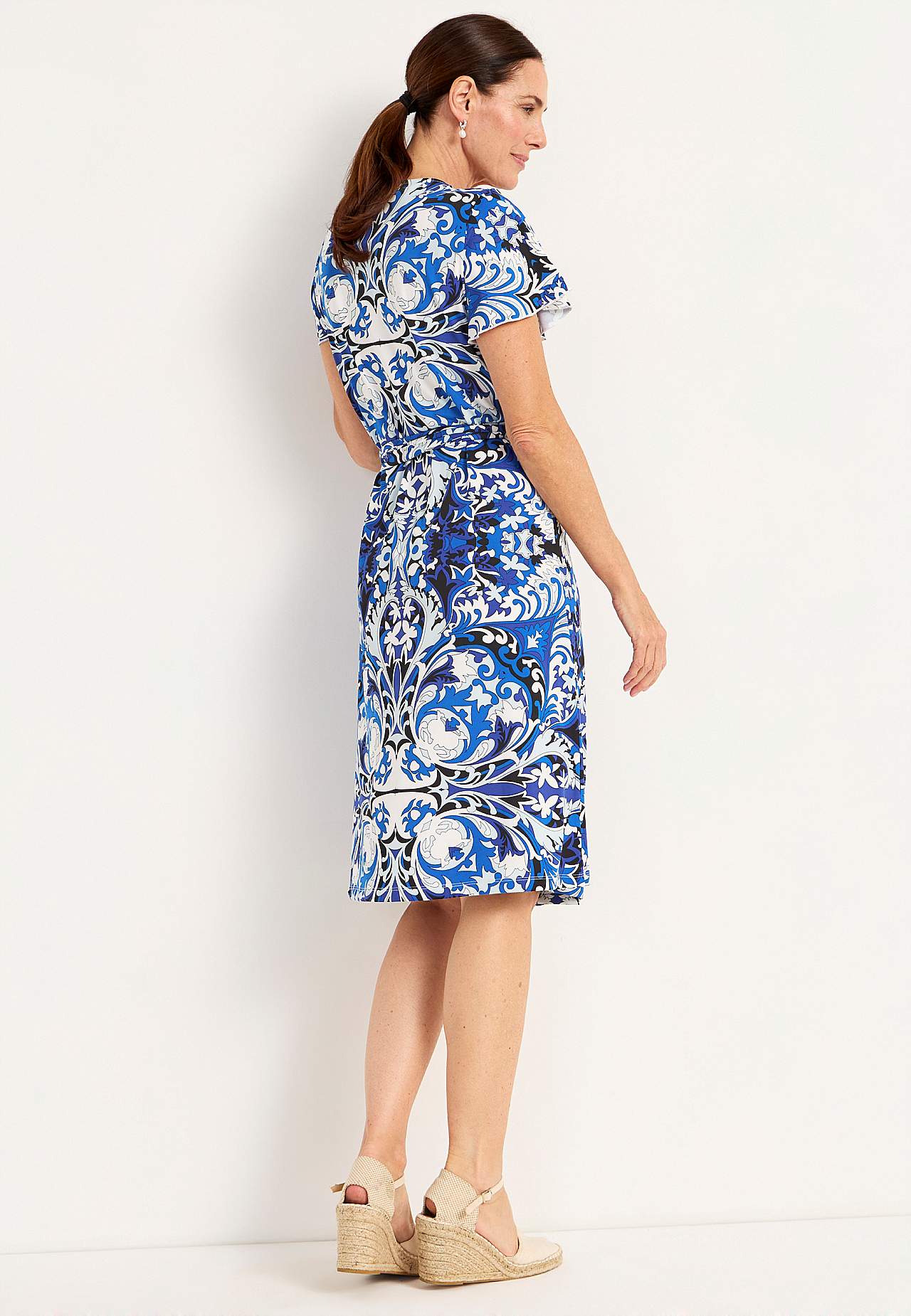 Patterned wrap front dress in jersey