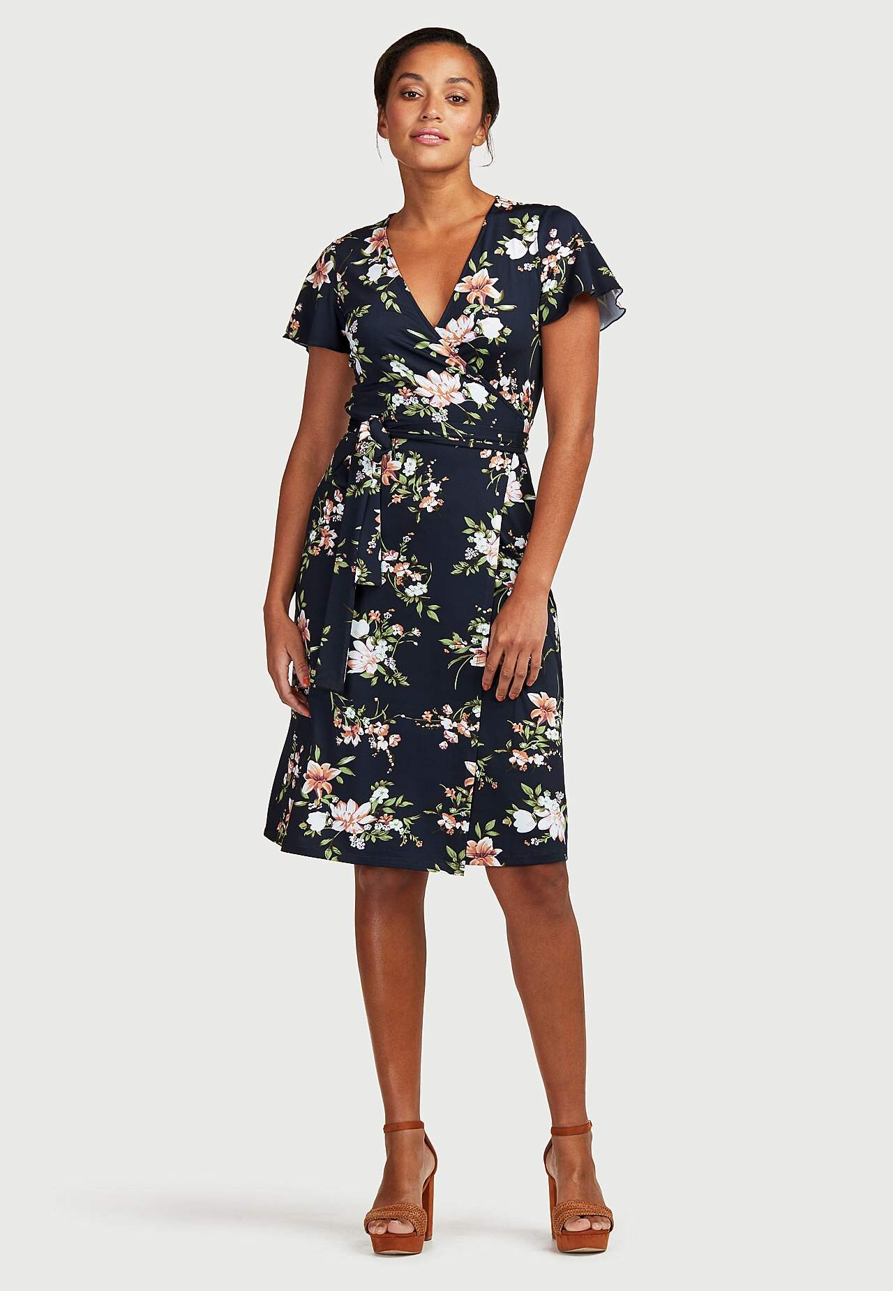 Patterned wrap front dress in jersey