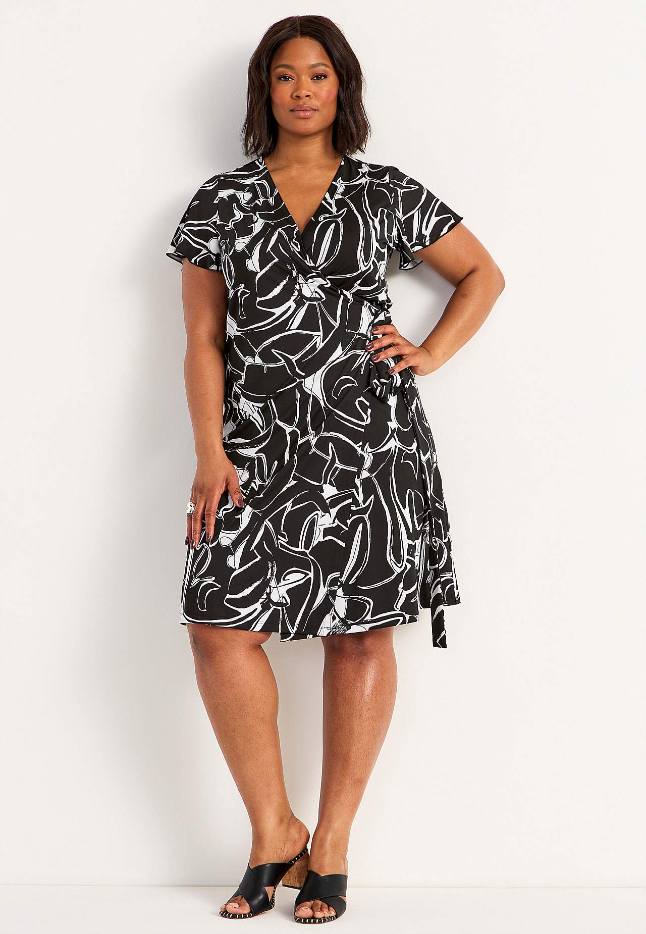 Patterned wrap front dress in jersey