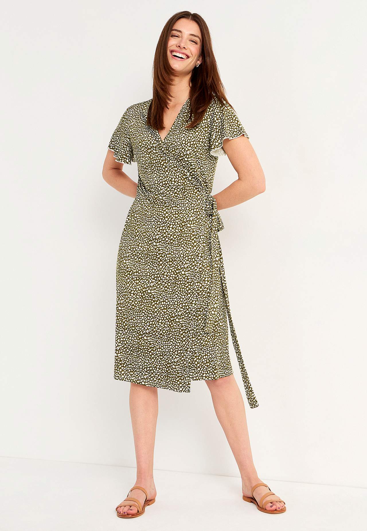 Patterned wrap front dress in jersey