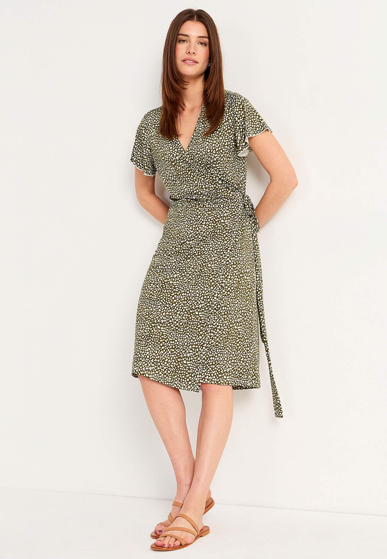 Patterned wrap front dress in jersey