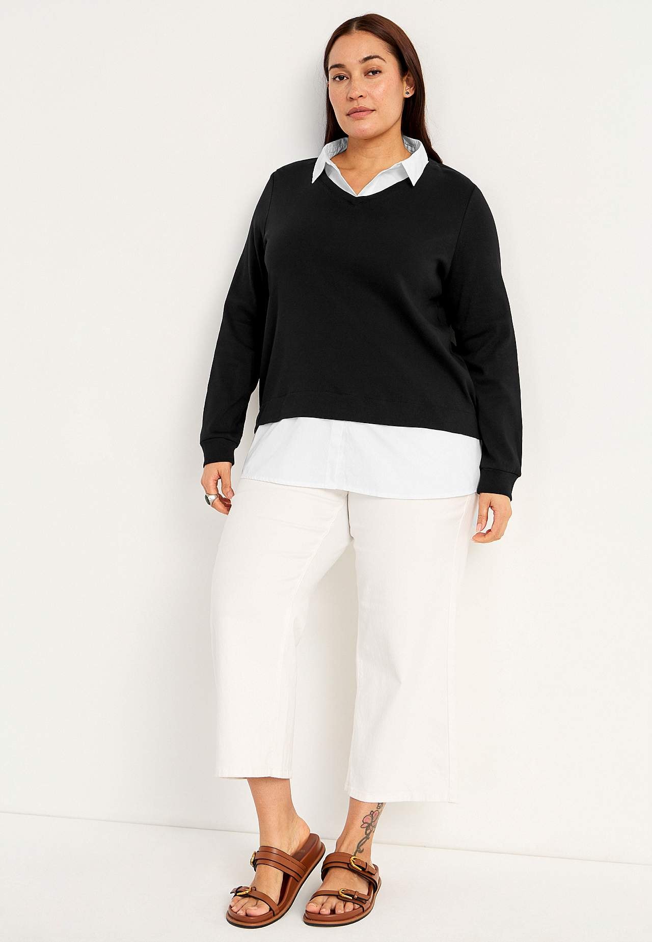 Jersey top with sewn shirt collar