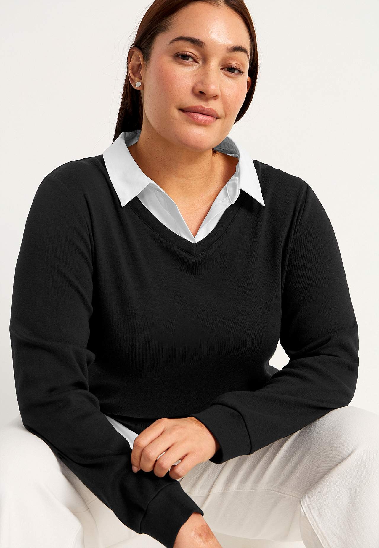Jersey top with sewn shirt collar