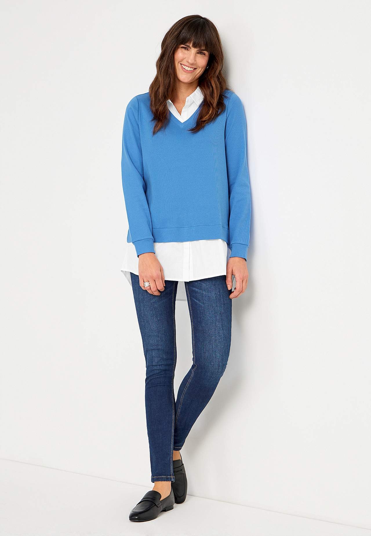 Jersey top with sewn shirt collar