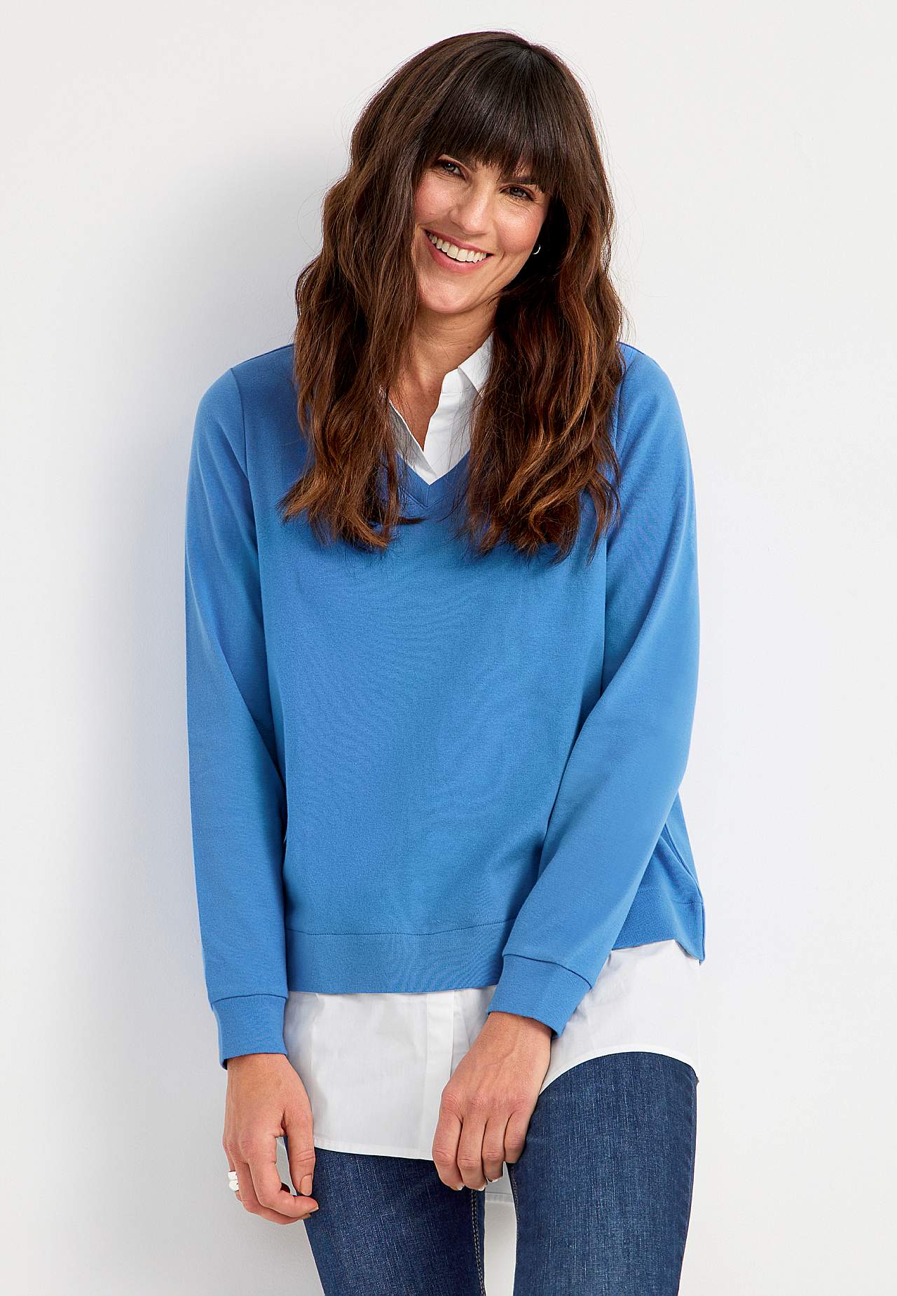 Jersey top with sewn shirt collar