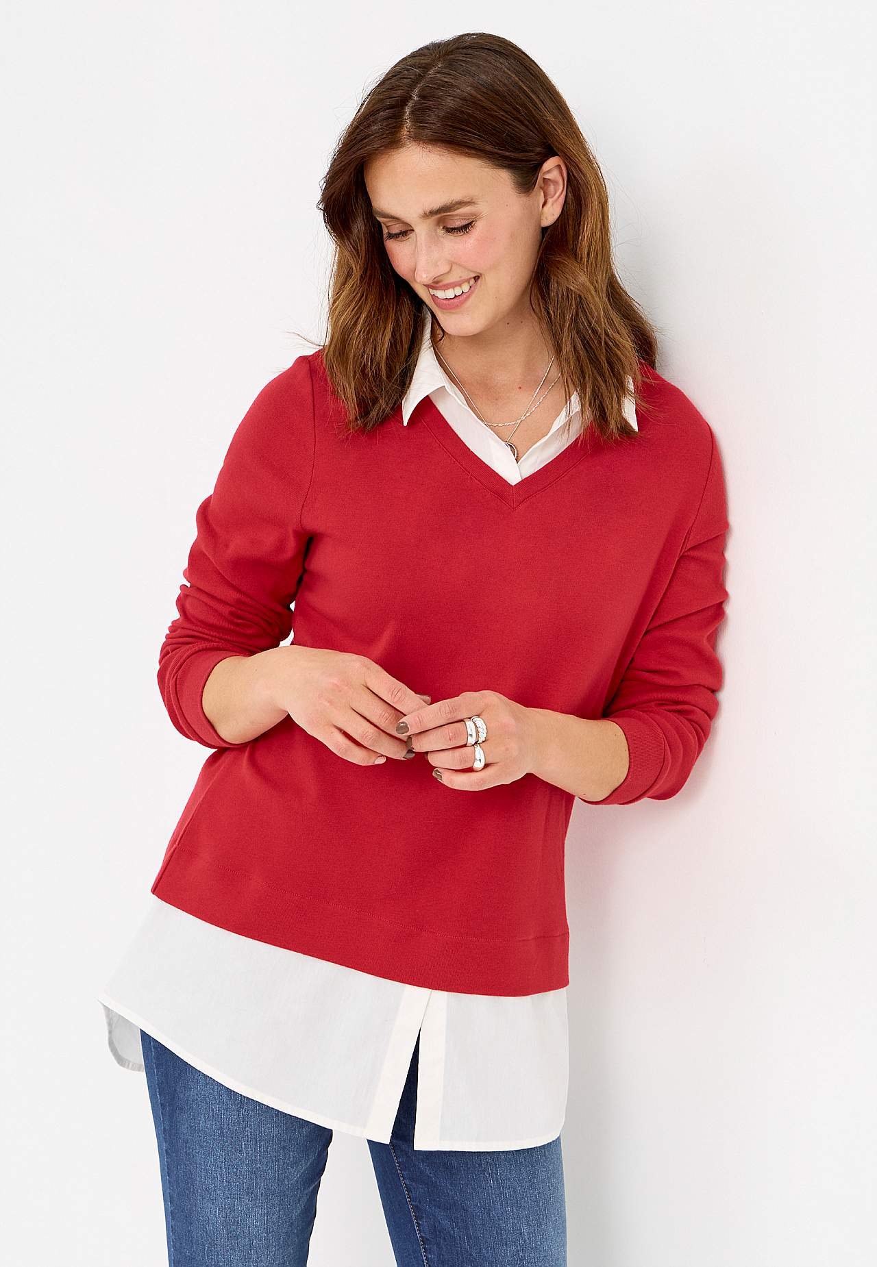 Jersey top with sewn shirt collar