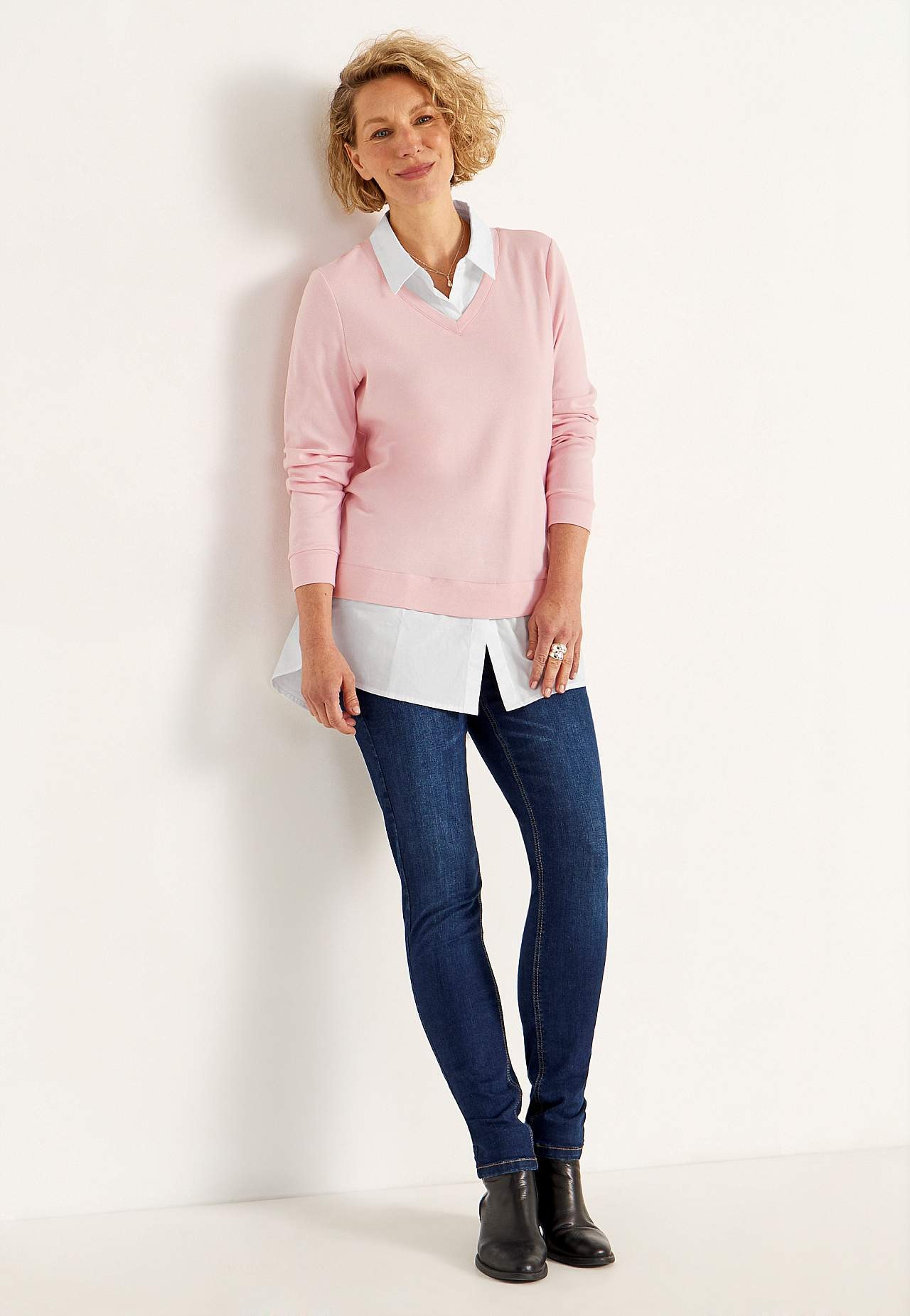 Jersey top with sewn shirt collar