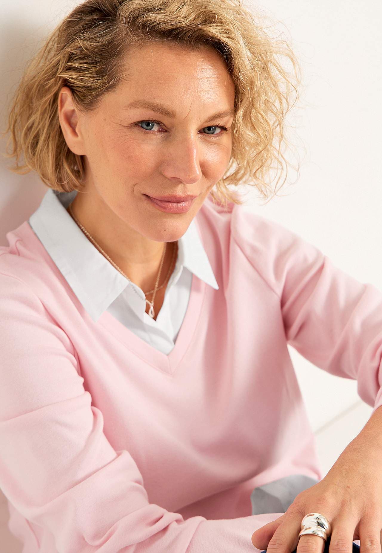 Jersey top with sewn shirt collar