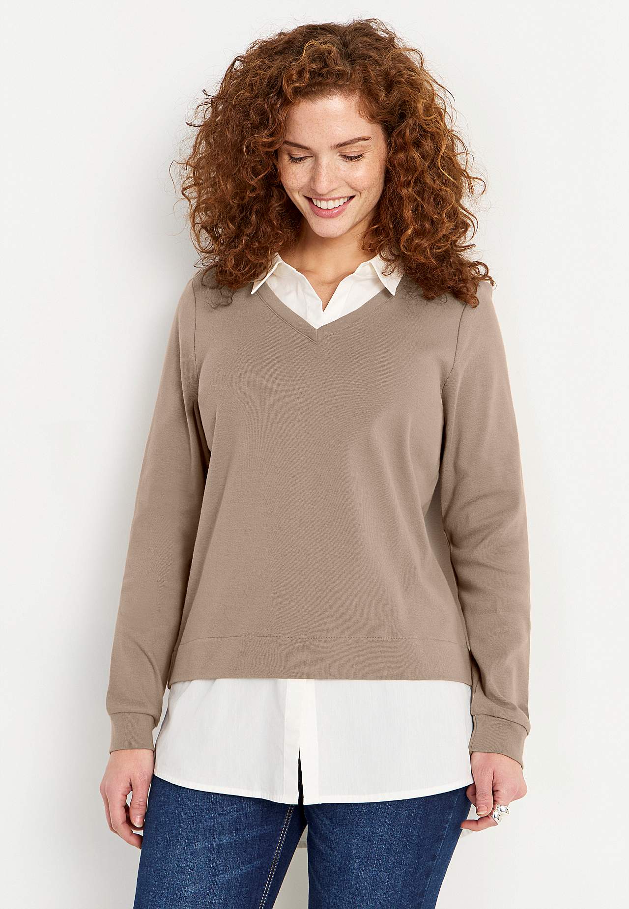 Jersey top with sewn shirt collar
