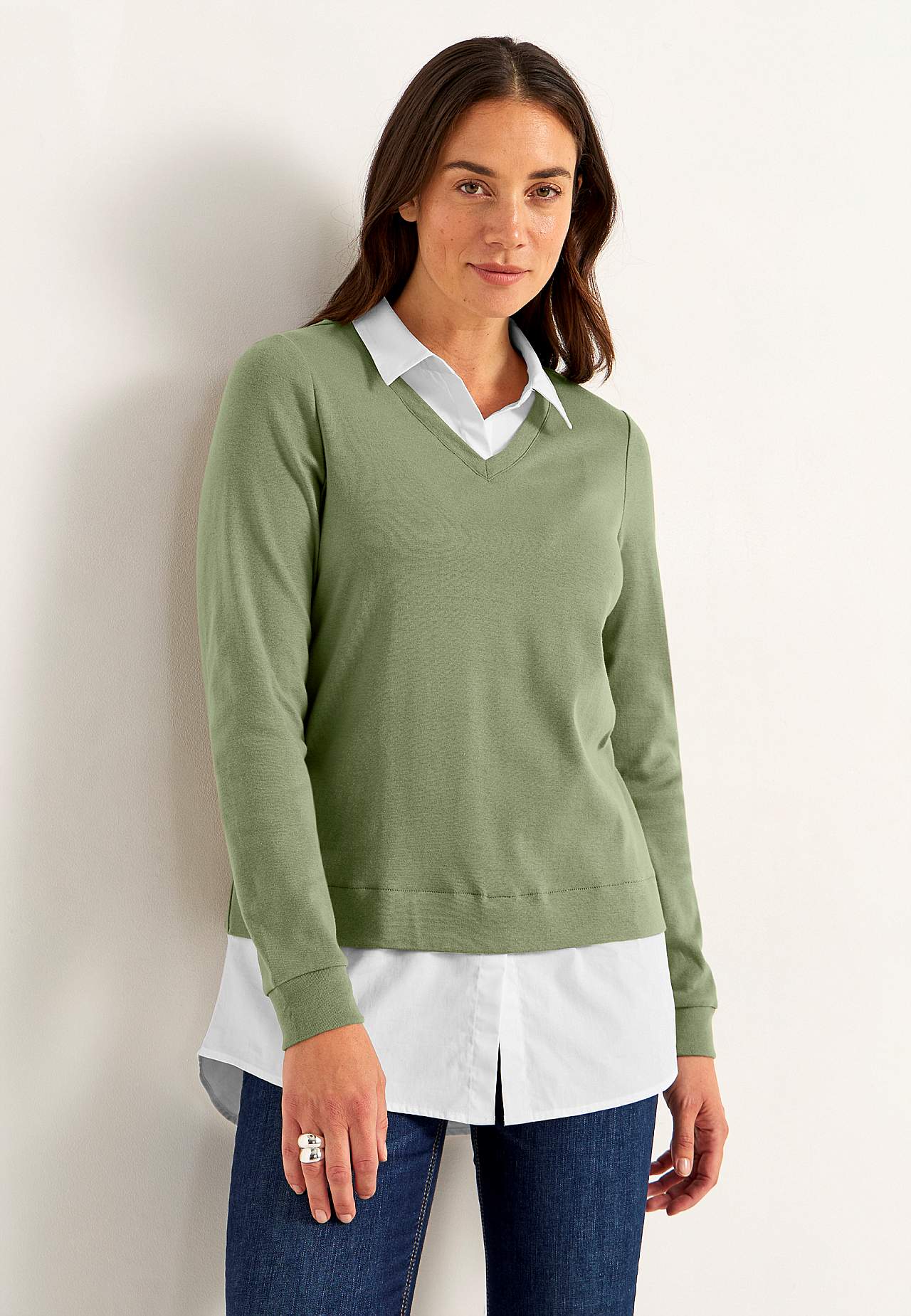 Jersey top with sewn shirt collar